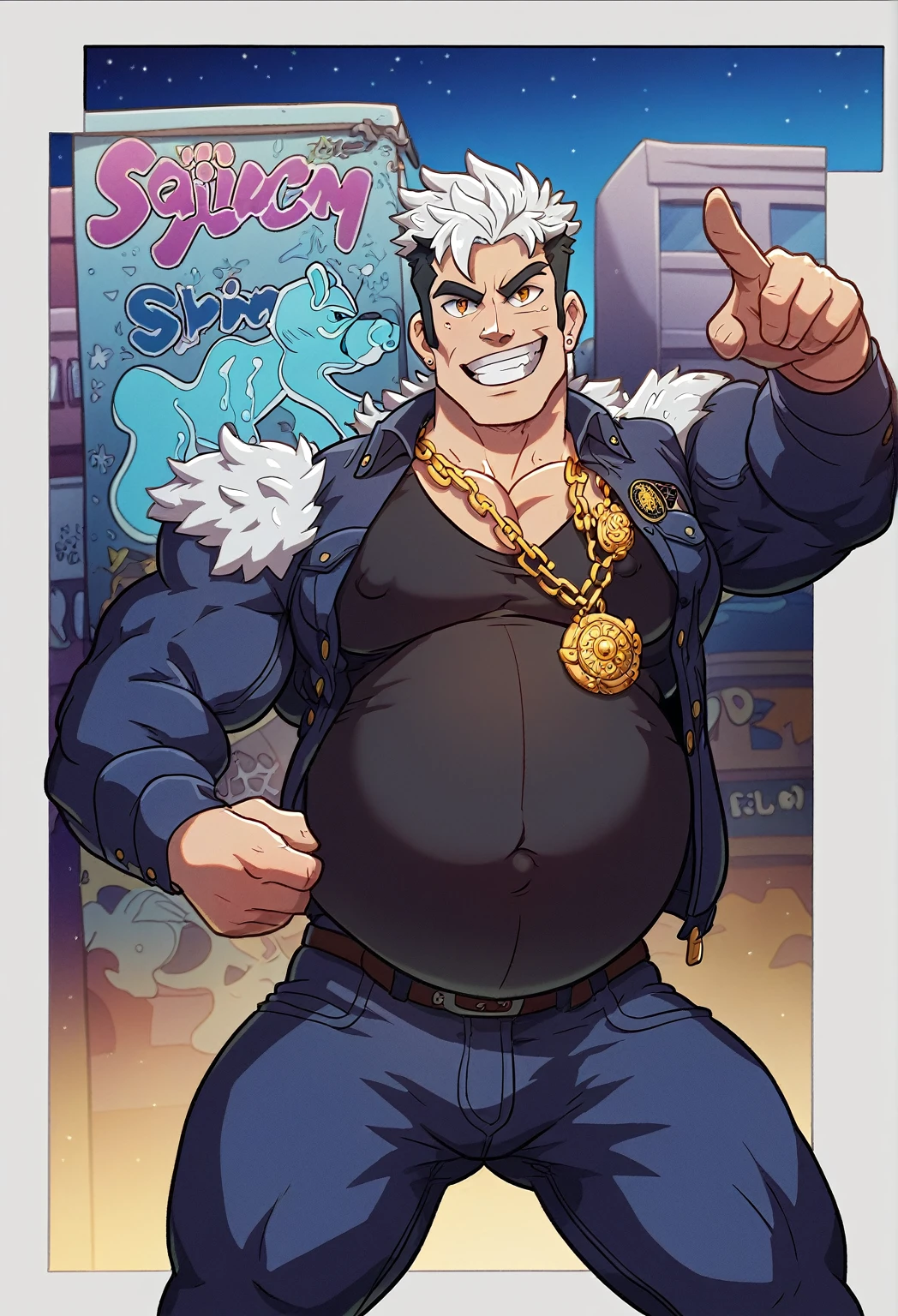 Badass cartoon anime character animated ((black guy in a dark space world)), 4 page comic book, different face expressions, wearing baggy clothes with a gold chain around his neck. tall and bulky, Dense muscles, big belly, fluffy hairstyle, 2d anime character, Japanese graffiti font, cool unique background 