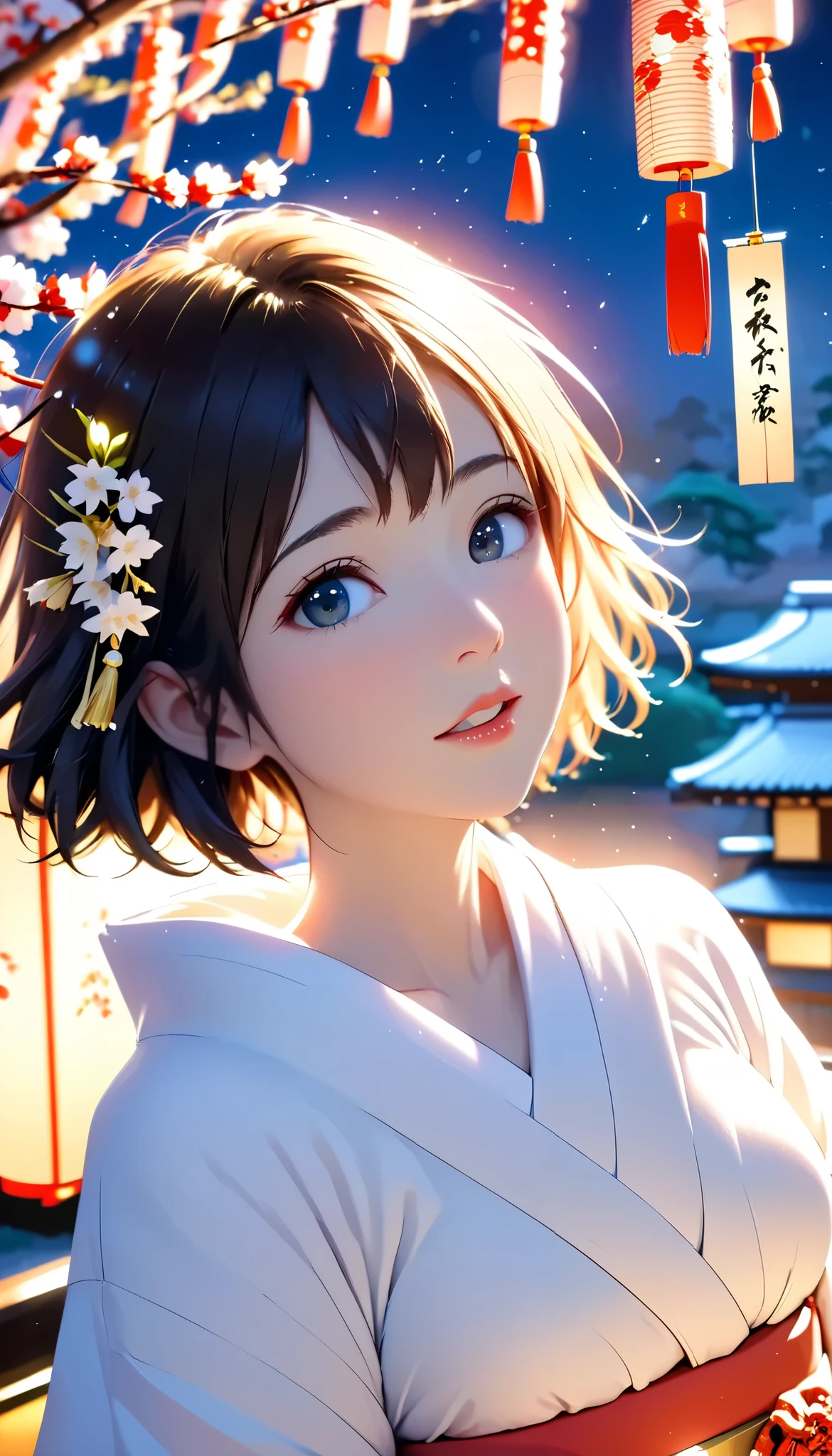 masterpiece, high res, illustration, Kyoto animation style, movie style: your name, night , mid night , Gentle Light, Fascinating Light, (1 female: 1.3), (Alone: 1.4), has long eyelashes, short bob, nose_, open_mouth, futon, , kimono,  , Kirarhythm, dynamic perspective, perspective, Bokeh, Depth_of_Field, from_ Down, (natural breasts:1.2), (Uplifted and well-defined bust:1.2), new year, hatsumode, (Japanese traditional new year decorations, heavy snow:1.3)