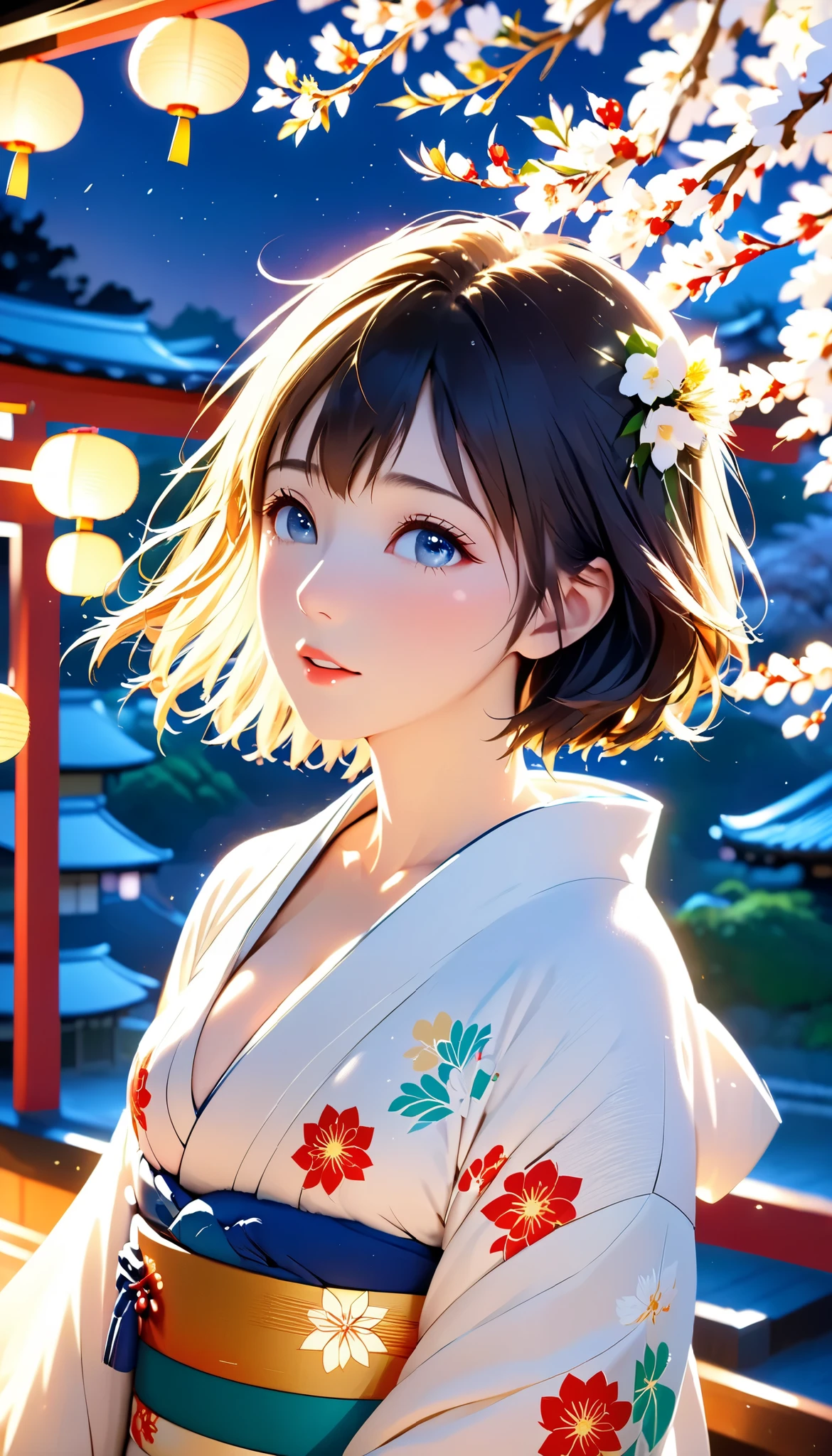 masterpiece, high res, illustration, Kyoto animation style, movie style: your name, night , mid night , Gentle Light, Fascinating Light, (1 female: 1.3), (Alone: 1.4), has long eyelashes, short bob, nose_, open_mouth, futon, , kimono,  , Kirarhythm, dynamic perspective, perspective, Bokeh, Depth_of_Field, from_ Down, (natural breasts:1.2), (Uplifted and well-defined bust:1.2), new year, hatsumode, (Japanese traditional new year decorations, heavy snow:1.3)