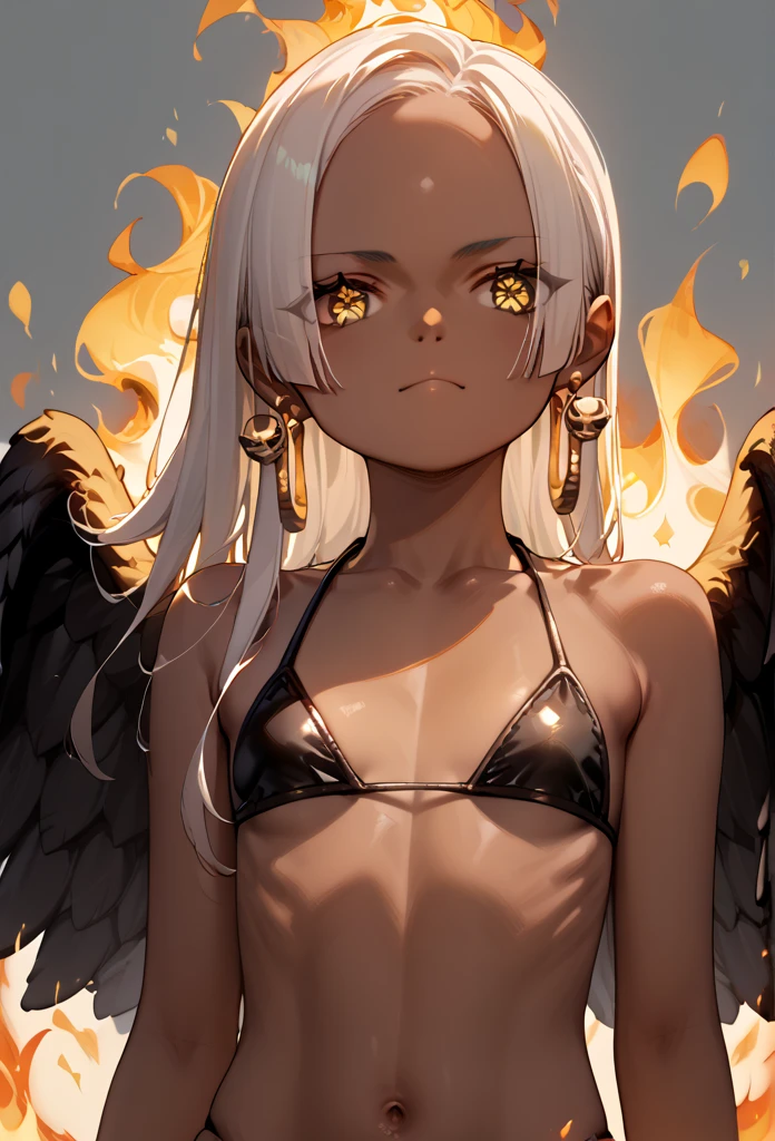 score_9, score_8_up, score_7_up, score_6_up, score_5_up, score_4_up, source_anime, aasnake, long hair, white hair, dark skin, earrings, yellow eyes, symbol-shaped pupils, black wings, small breasts, fire, bikini 