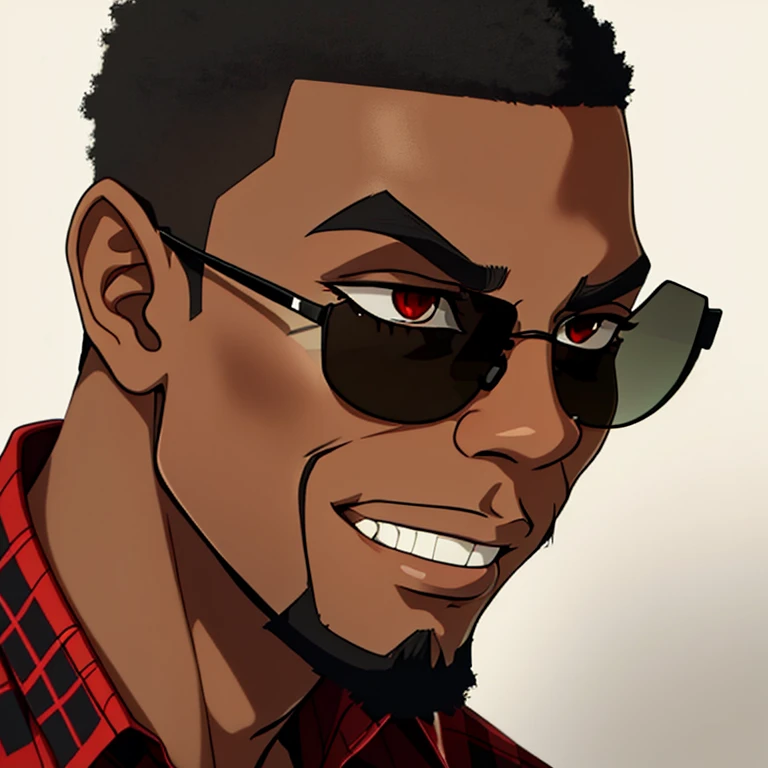 Profile portrait of a black man ,  sunglasses,  goatee,  dark skin, cynical smile, 2d cartoon style,  black background, half body, red plaid shirt,  high definition ,  High resolution