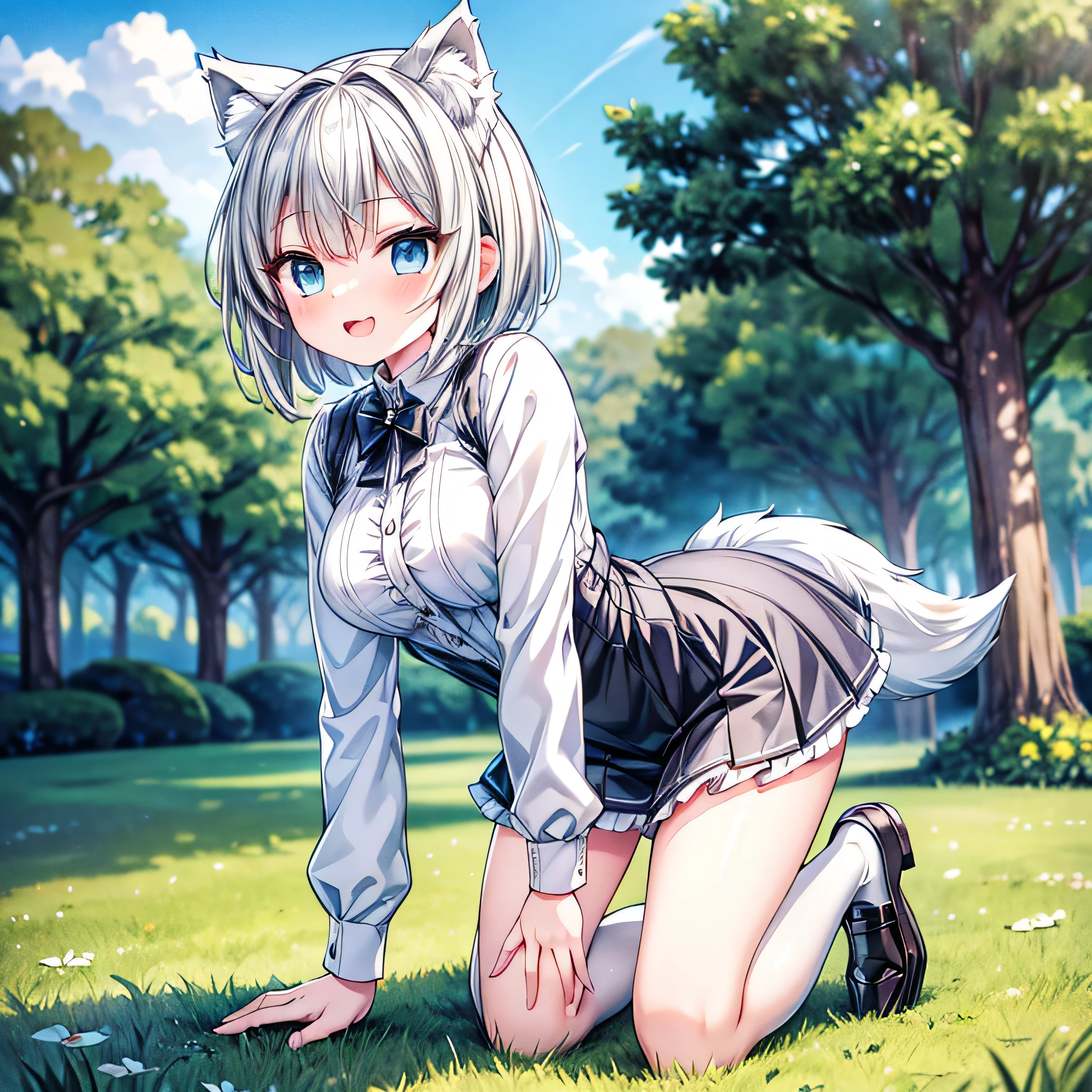 (extremely detailed, 8K resolution, with sharp focus, masterpiece, best quality, Moe Art style, sfw):1.2, 1 cute silver wolf lady, slender full body, kneeling on the grass in the park, detailed skyblue eyes, detailed pupil, wicked smile, open mouth, short hair, black loafers