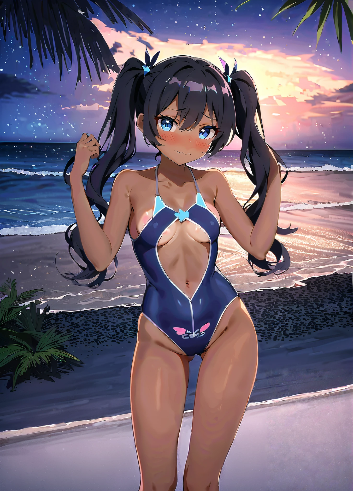(masterpiece), best quality, expressive eyes, perfect face, Girl,long dark iridescent hair, iridescent eyes, small waist, small , large thighs,in her swimsuit