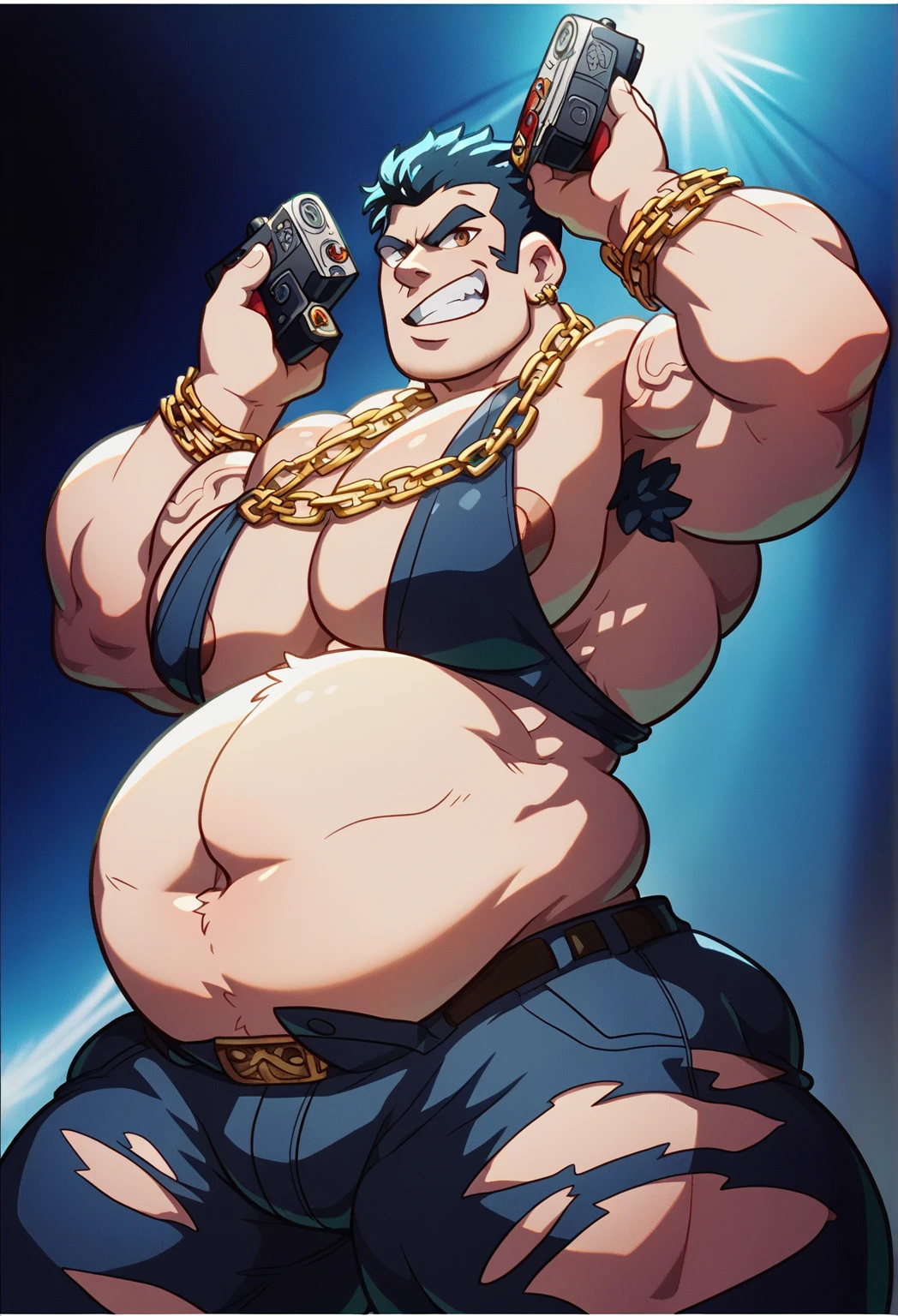 Badass cartoon anime character animated ((black guy in a dark space world)), 4 page comic book, different face expressions, wearing baggy clothes with a gold chain around his neck. tall and bulky, Dense muscles, big belly,fat, bulky, fat belly fluffy hairstyle, 2d anime character, Japanese graffiti font, cool unique background 