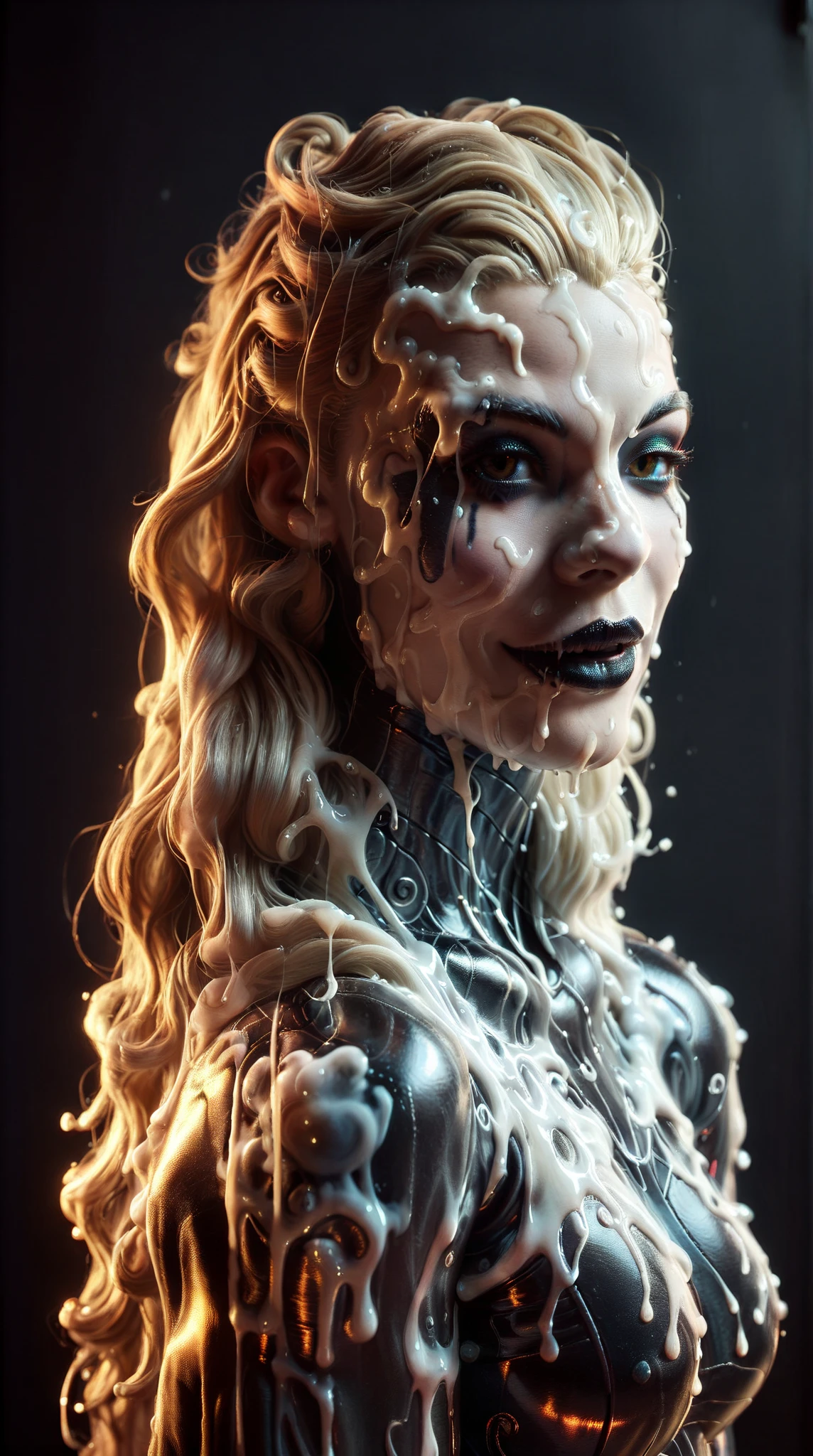 ( body formed by Mauevine galactic liquid and black metallic paint that twists into a beautiful interpretation of the female figure), natural,(( Complex galactic metallic colors in the foreground )), ((  Fluid mechanics , the most beautiful soft scale face makeup ,  Smiling expression )) - Red, black and gold, Onyx, g0s1 metallic color palette