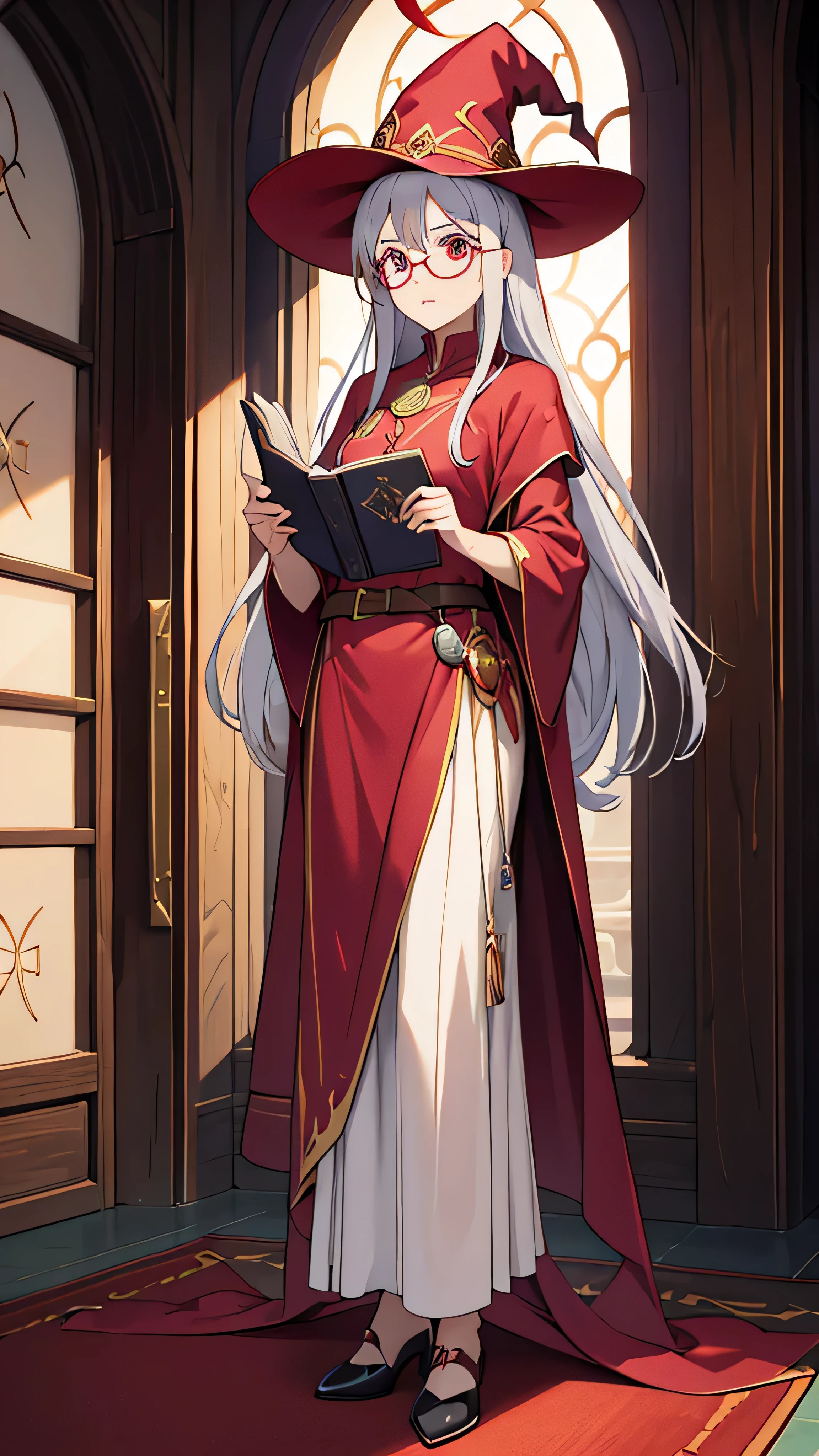 Wears a red hat and glasses 、A woman holding a book, Silver Hair, I wear Harry Potter glasses , Maya Ali as d&D sorceress,  holds a magic book in her hand , Dressed as a witch, d&d magician,  wears a red wizard hat . full body high quality image 