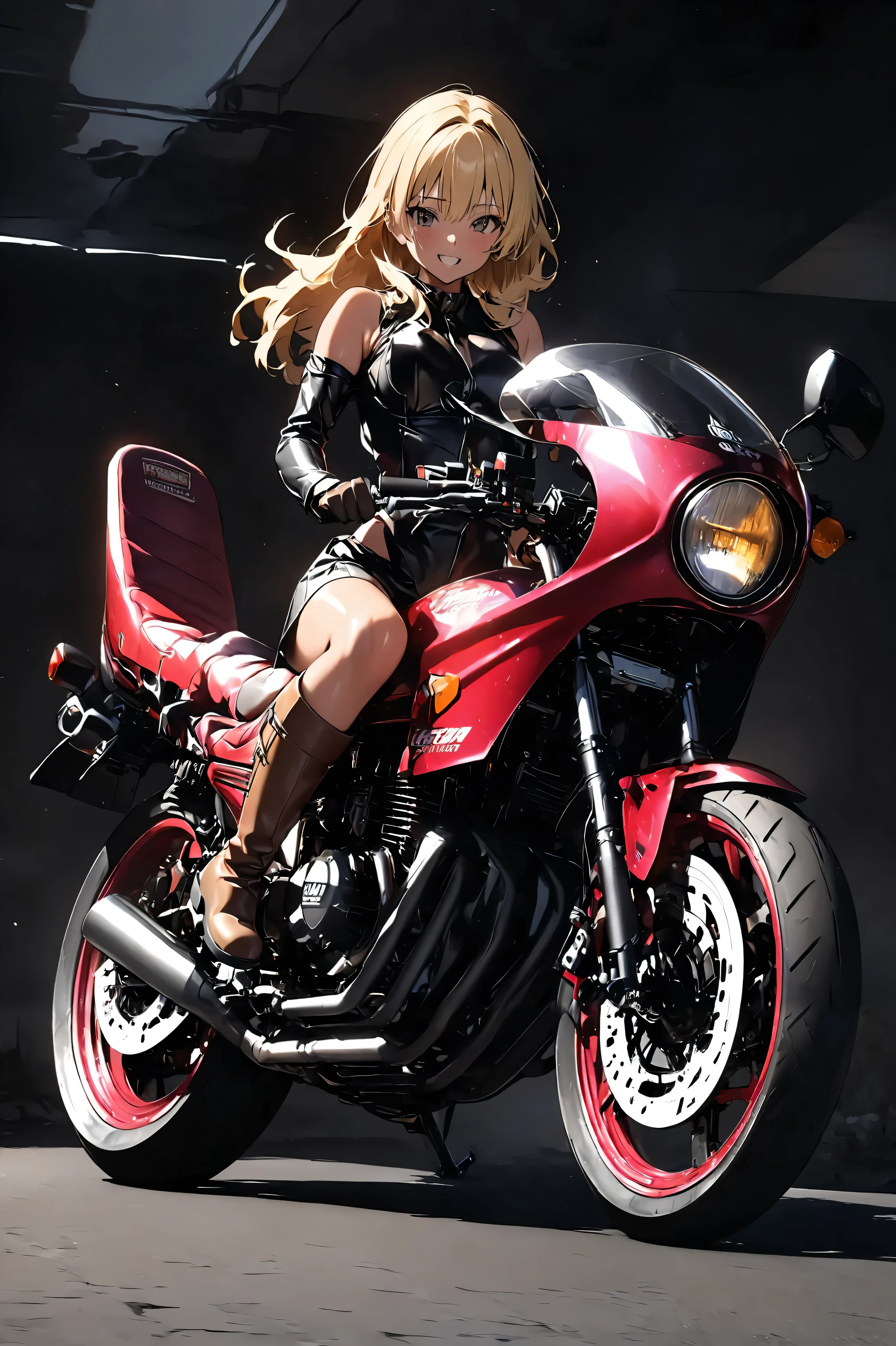 1 high school girl rides a motorcycle tuned to Honda CBX400F cafe racer specifications, a separate handlebars 、Glossy tanned skin, small breasts, video,   inviting ,  top quality ,  leather gloves , perfect face、Yellow Hair、 Japanese bad girl、 brown long boots 、 anatomically correct, タンクトップを着ている