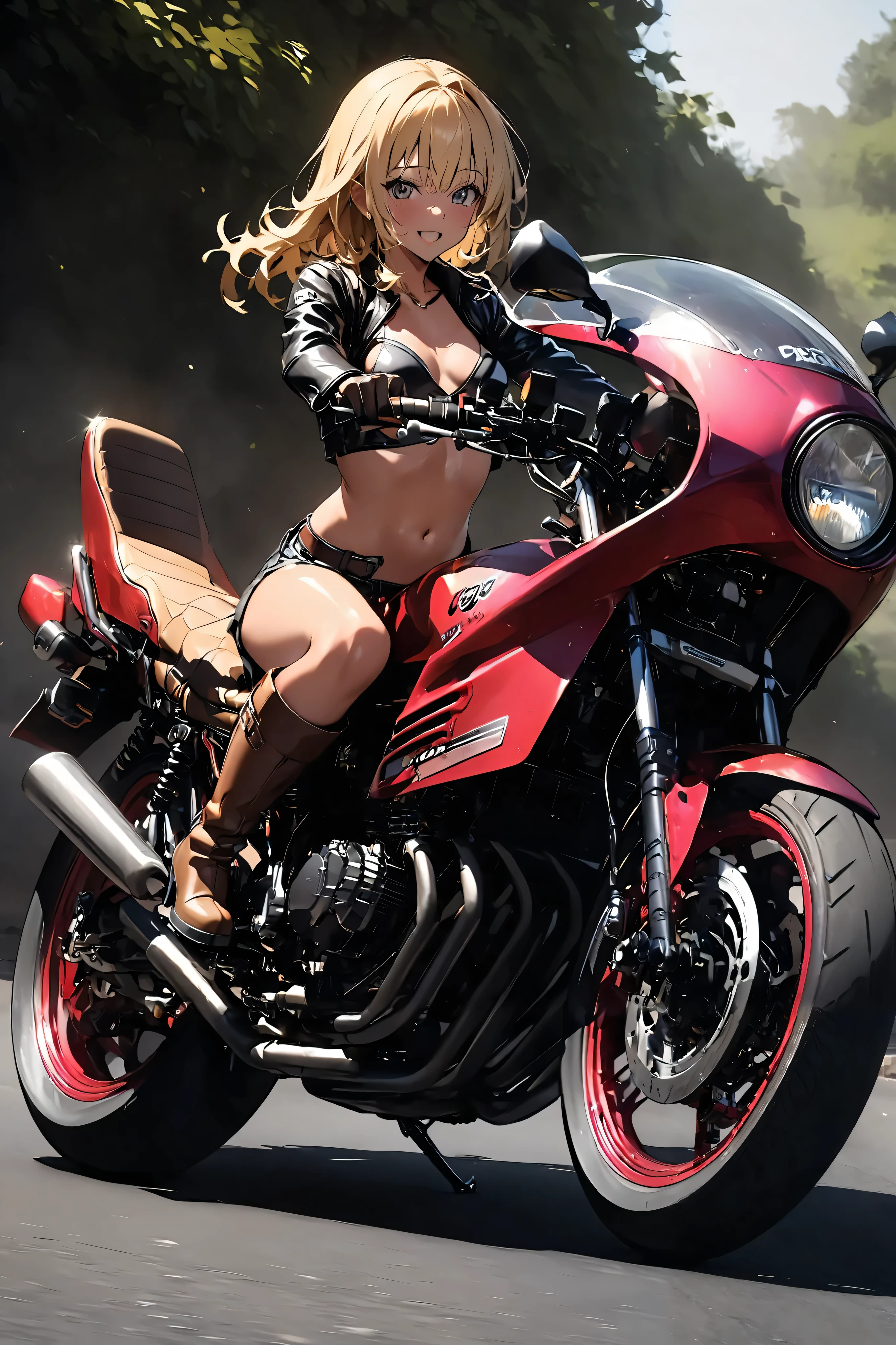 1 high school girl rides a motorcycle tuned to Honda CBX400F cafe racer specifications, a separate handlebars 、Glossy tanned skin, small breasts, video,   inviting ,  top quality ,  leather gloves , perfect face、Yellow Hair、 Japanese bad girl、 brown long boots 、 anatomically correct, タンクトップを着ている