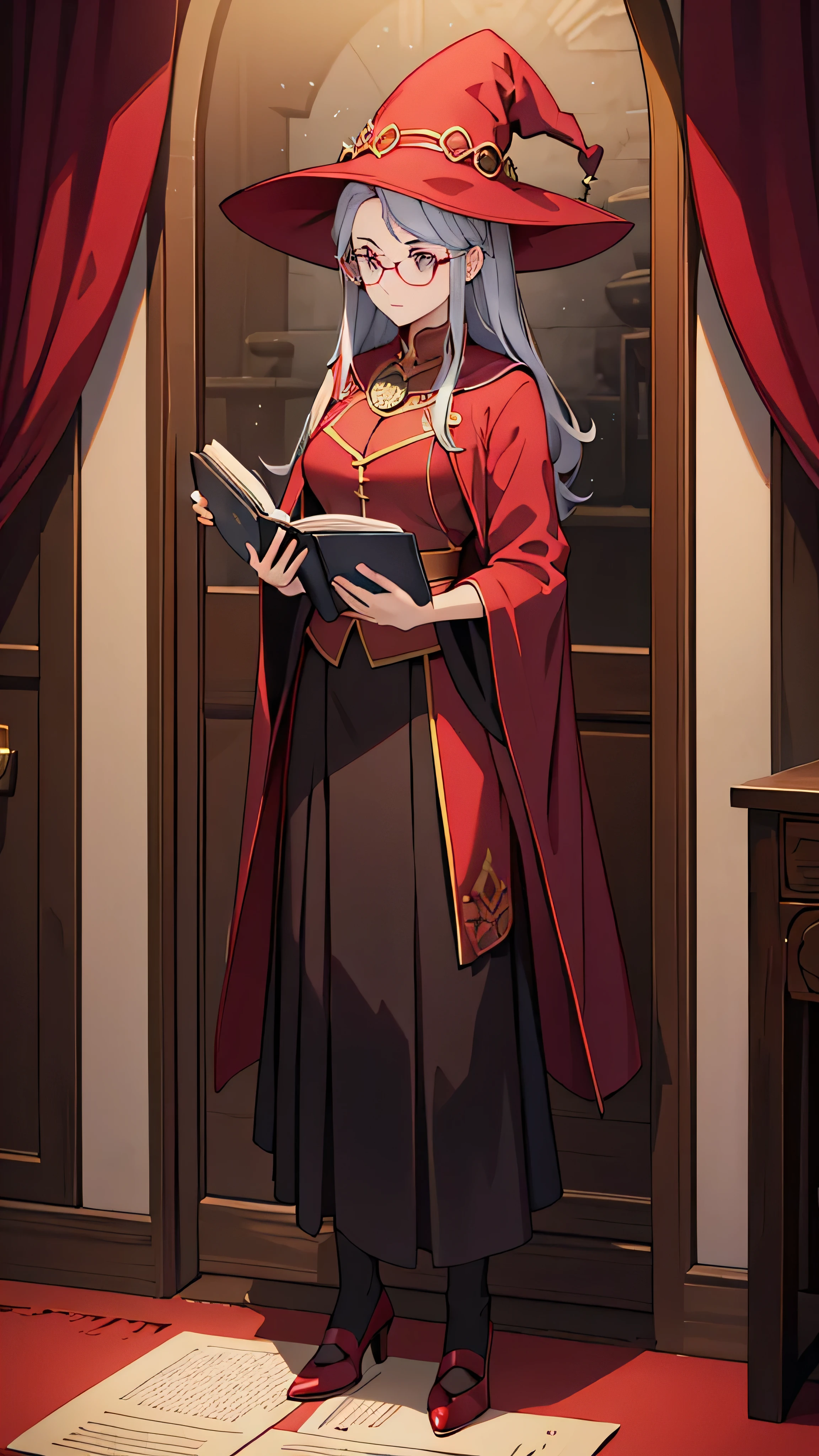 Wears a red hat and glasses 、A woman holding a book, Silver Hair, I wear Harry Potter glasses , Maya Ali as d&D sorceress,  holds a magic book in her hand , Dressed as a witch, d&d magician,  wears a red wizard hat . full body high quality image 