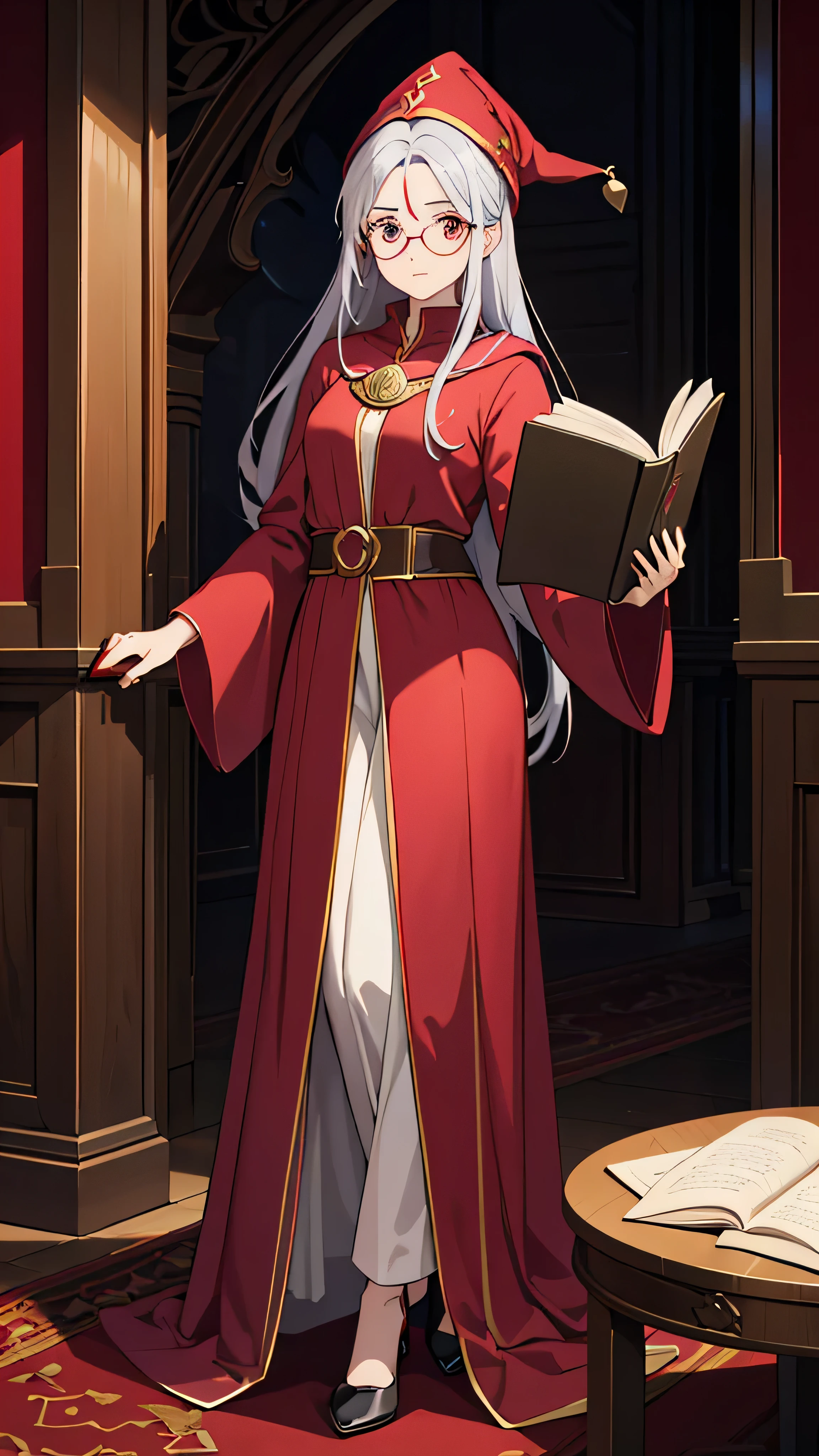 Wears a red hat and glasses 、A woman holding a book, Silver Hair, I wear Harry Potter glasses , Maya Ali as d&D sorceress,  holds a magic book in her hand , Dressed as a witch, d&d magician,  wears a red wizard hat . full body high quality image 