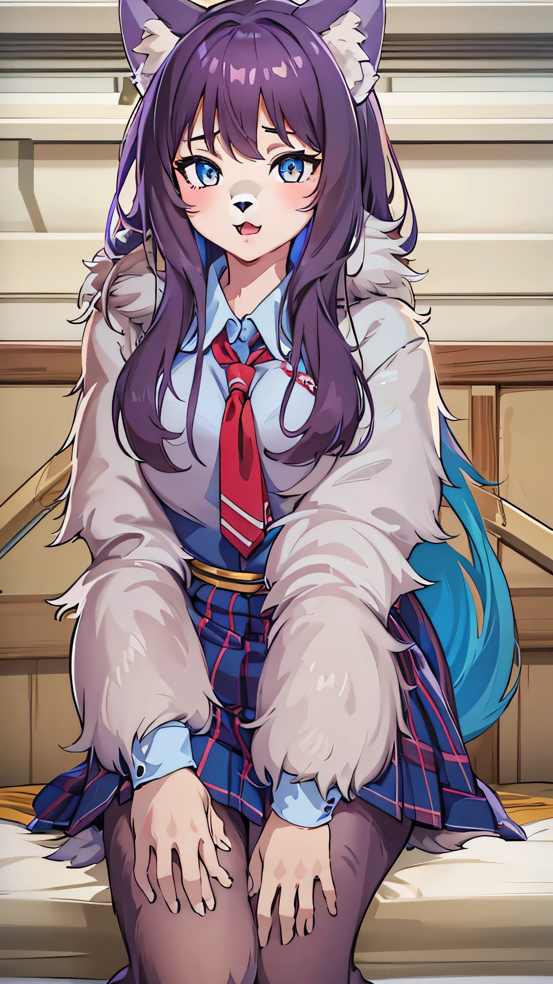  in high-definition images， 1 girl, face details、 Blue fur,  Wolf Girl ,  medium breasts,  school uniform,  full body high quality image 、 portrait,  simple background, (furry:1.5) 