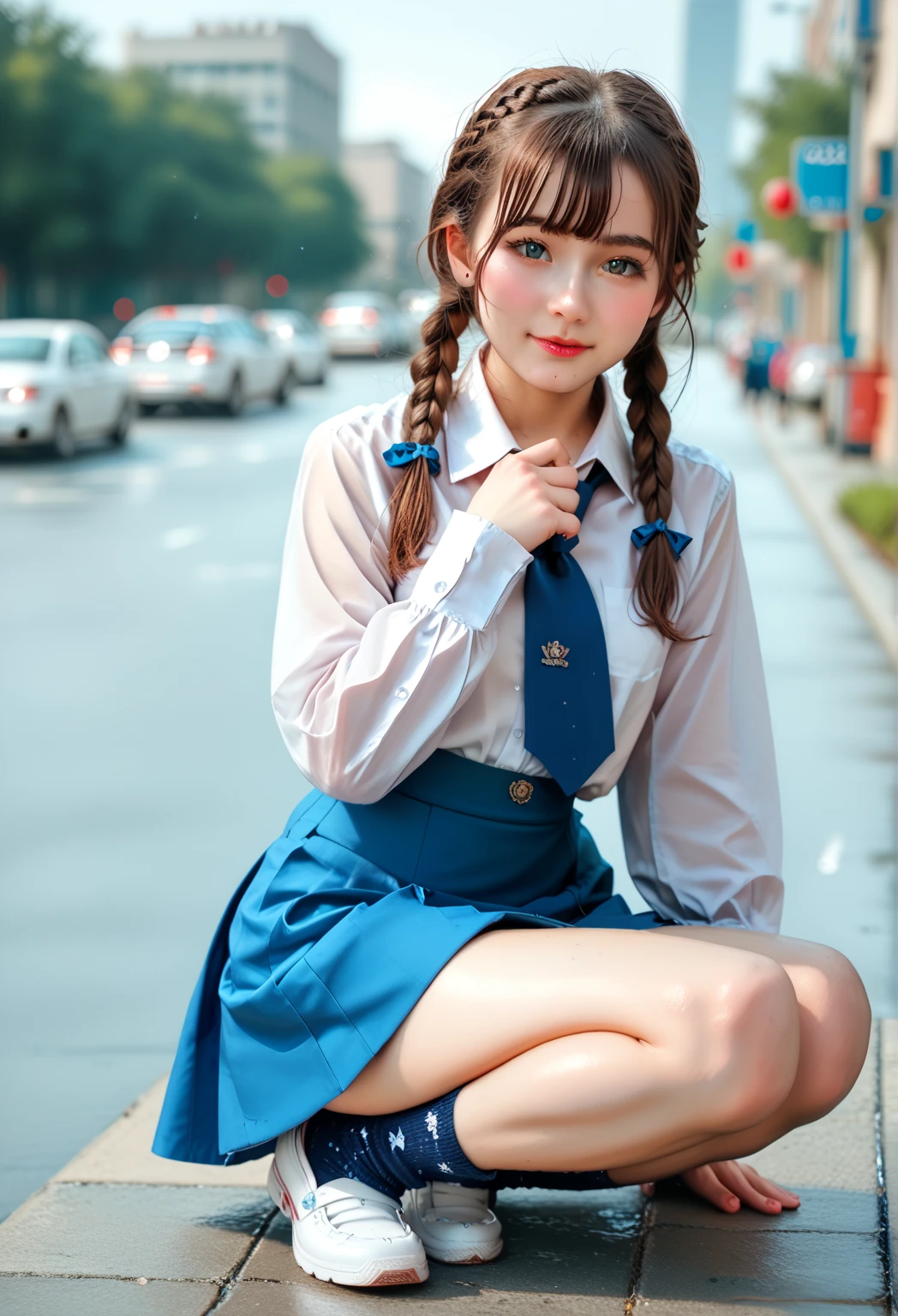 bokeh,1girl,cute face,blue necktie, collared shirt,white long sleeves, blue skirt, brown hair, twintails,braids, socks, shoes,sexy pose,pantie,Exquisite Face,rffc01, HDR 16K, (Realistic, hyperrealistic:1.4), good anatomy, volumetric light