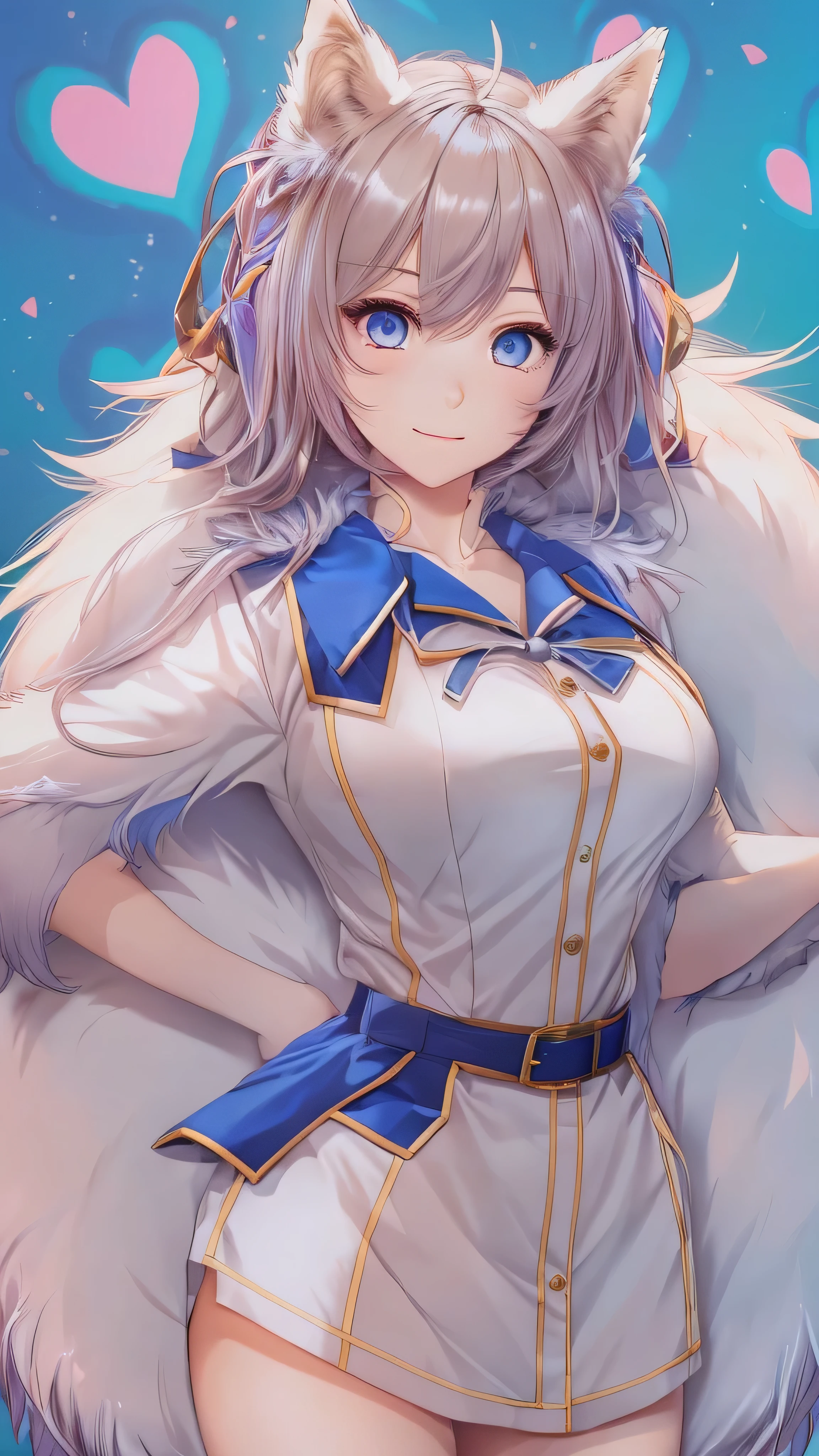  in high-definition images， 1 girl, face details、 Blue fur,  Wolf Girl ,  medium breasts,  school uniform,  full body high quality image 、 portrait,  colorful background, (furry:1.5)