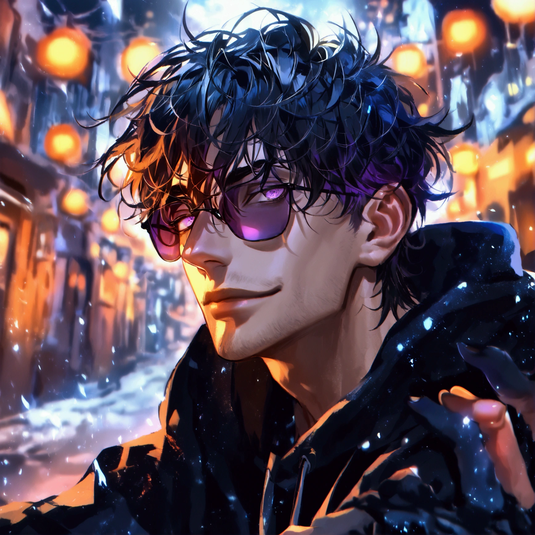 (solo), (1 male), (1 man), handsome men, (one man with black hair, purple eyes), short hair, messy hair, sunglasses,black oversized hoodie((masterpiece)), (dark background: 1.3), (stylish), dynamic angle, (detailed face, detailed eyes, proportional hands, proportional anatomy), sitting in a relaxed pose, sinister atmosphere, a nihilistic smile