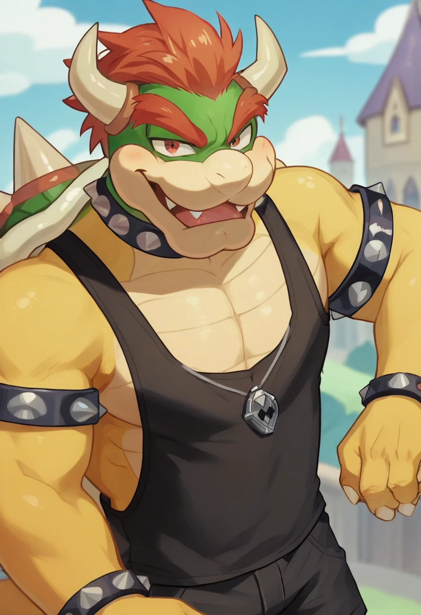 anime screencap,drgbls1, solo, Bowser, male,score_9, score_8_up, score_7_up, score_6_up.castle, half body,smile,black tanktop, with a fire emblem, black shorts 
