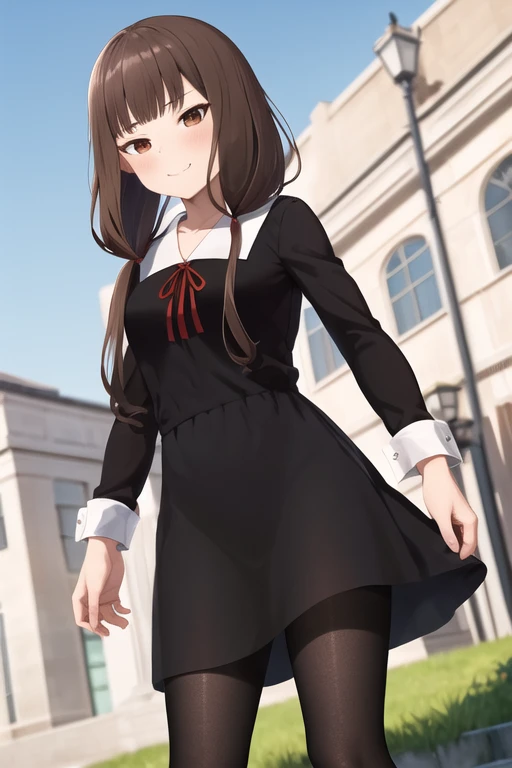 masterpiece, best quality, highres, bbmiko, long hair, low twintails, blunt bangs, collarbone, neck ribbon, red ribbon, black dress, black shirt, long sleeves, black sleeves, armband, black pantyhose, standing, full body, outdoors, smile, closed mouth, smug half-closed eyes, show panties, lift skirt, show teeth, view from below,