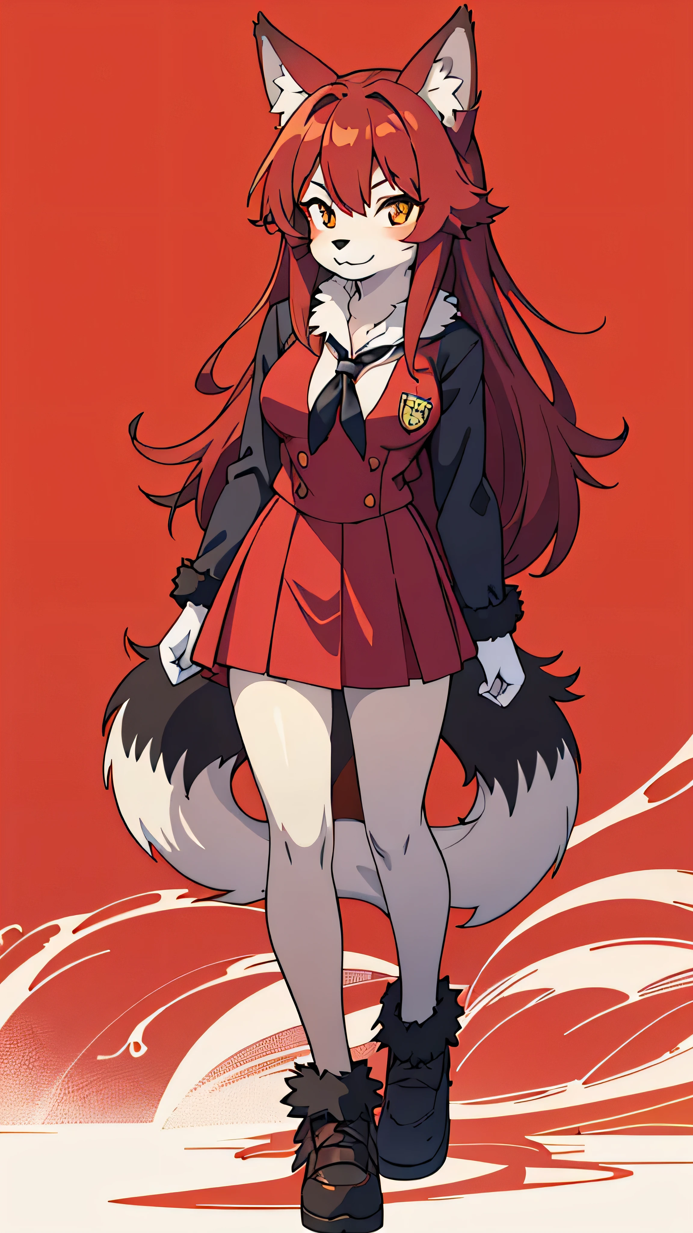  in high-definition images， 1 girl, face details、 Red fur,  Wolf Girl ,  medium breasts,  school uniform,  full body high quality image 、 portrait,  colorful background, (furry:1.5)