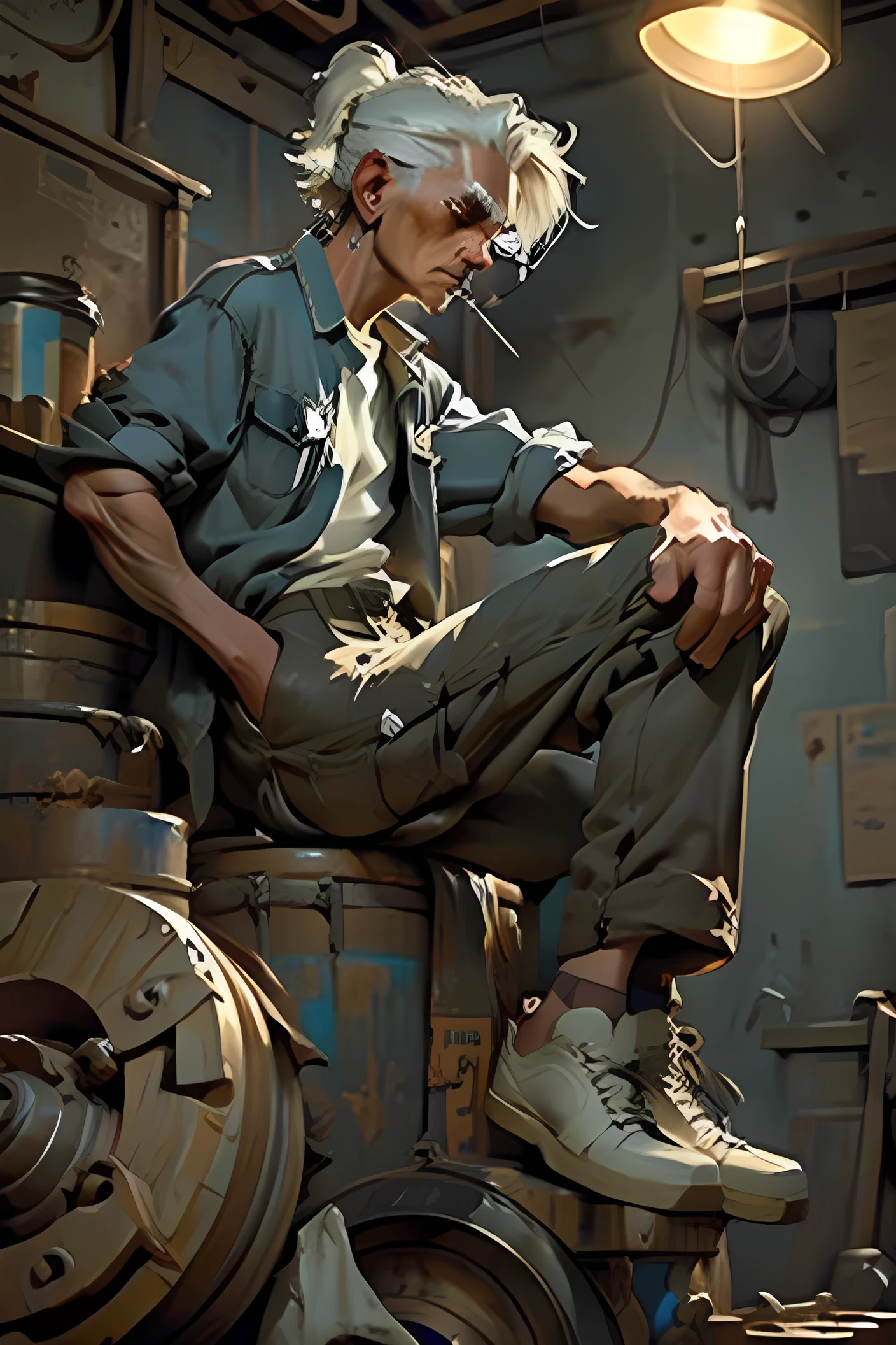 worn-down computer control panels surrounding a muscular adult man in dirty clothes sitting in a spaceship, masterpiece, intricate details, (surreal), ((oil painting \(medium\))), fantasy art, concept art, by greg rutkowski