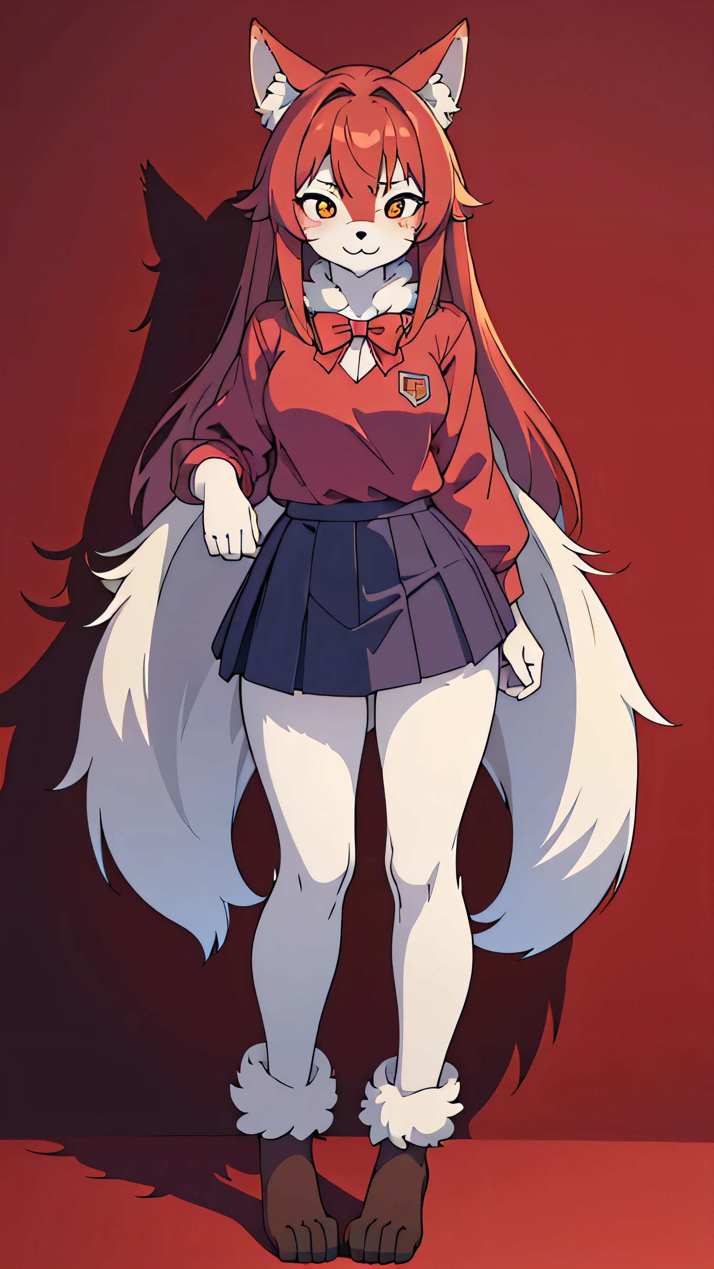  in high-definition images， 1 girl, face details、 Red fur,  Wolf Girl ,  medium breasts,  school uniform,  full body high quality image 、 portrait,  colorful background, (furry:1.5)