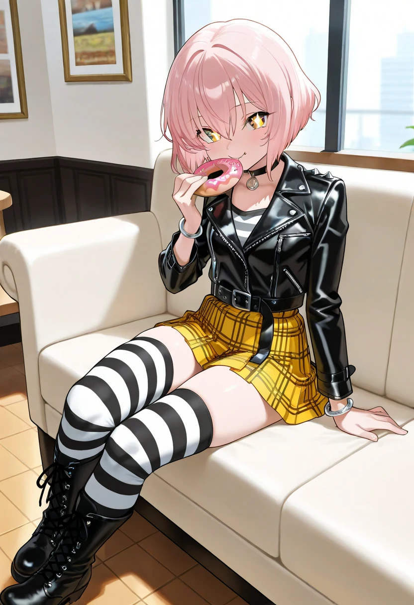 (masterpiece, best quality, amazing quality, very aesthetic, absurdres, newest:1), masterpiece,best quality,amazing quality,medium hair,light pink hair, ((bob cut)),strong wavy hair ,hair between eyes ,gold eyes,sparkling eyes , smile ,loli face,small breasts, a slender body, petite,(wearing gothicpunk),black leather jacket,(yellow Tartan miniskirt), black choker,silver bracelet,(black & white striped thigh-high socks),short boots,full body,eating doughnut in the cafe ,sitting sofa in the cafe 