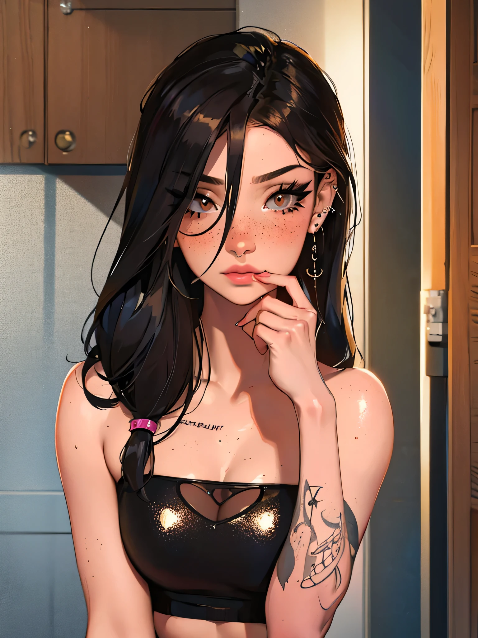 24 year old girl, influencer, model, beautiful, mascara, nose blush, freckles, tube top, piercings, tattoos, slender, slim, oiled skin, applying oil, shiny skin