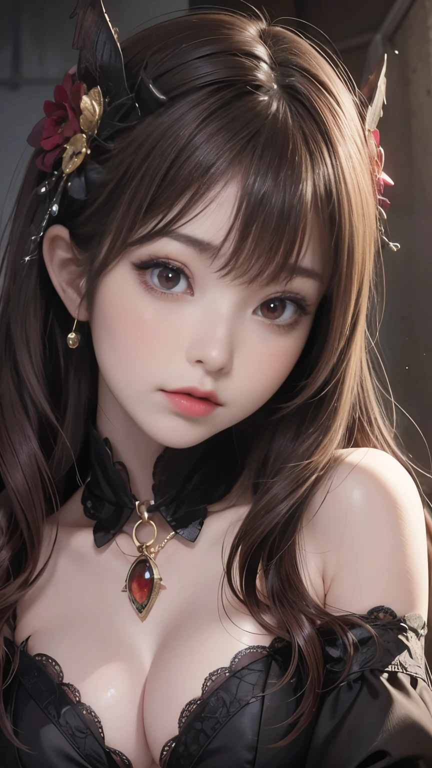 A close up of a woman wearing a black dress and a necklace - SeaArt AI