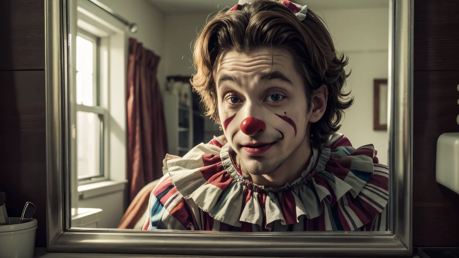 A medieval role-playing clown with a bow tie and clown nose