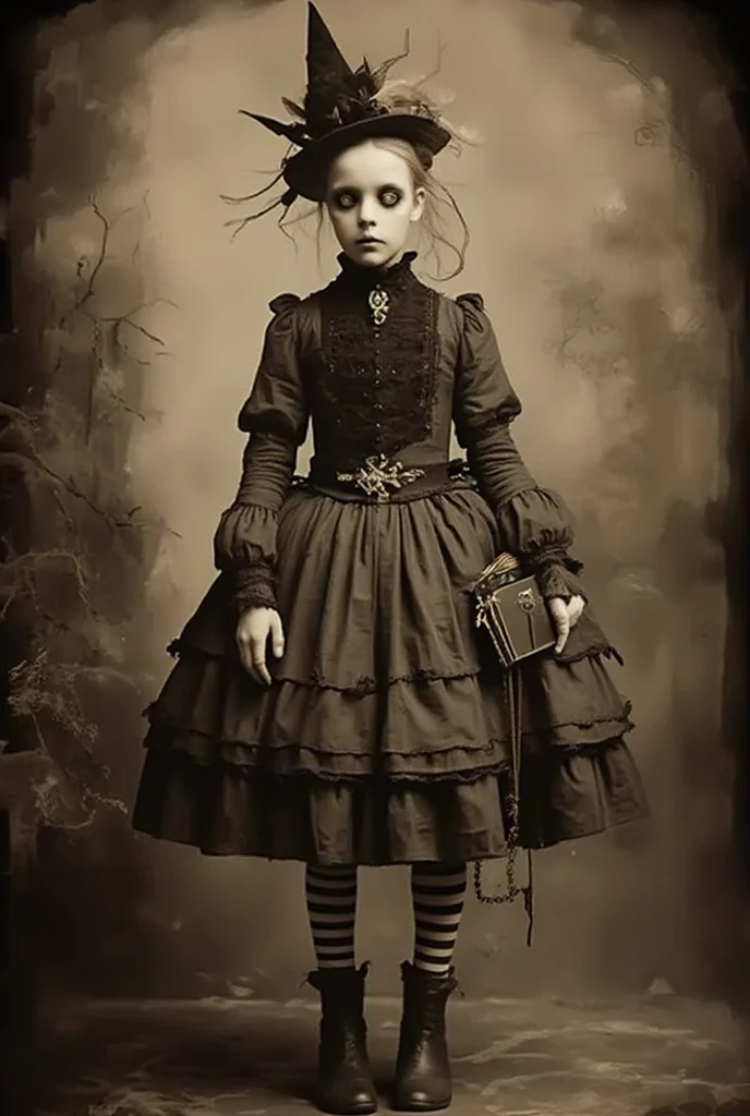  Betânia is a  girl with big and expressive eyes,  disheveled blond hair and an eccentric look .  She wears a dark gray dress with a round skirt ,  with high lace collar and puffy sleeves , complemented by a stained apron ,  striped socks and shabby black boots . As accessories , She carries a brooch in the shape of an old key ,  a mysterious notebook attached to the waist and a small lamp that never goes out.  Her style combines enchanting Gothic with a touch of disorder ,  reflecting her curious and adventurous personality .