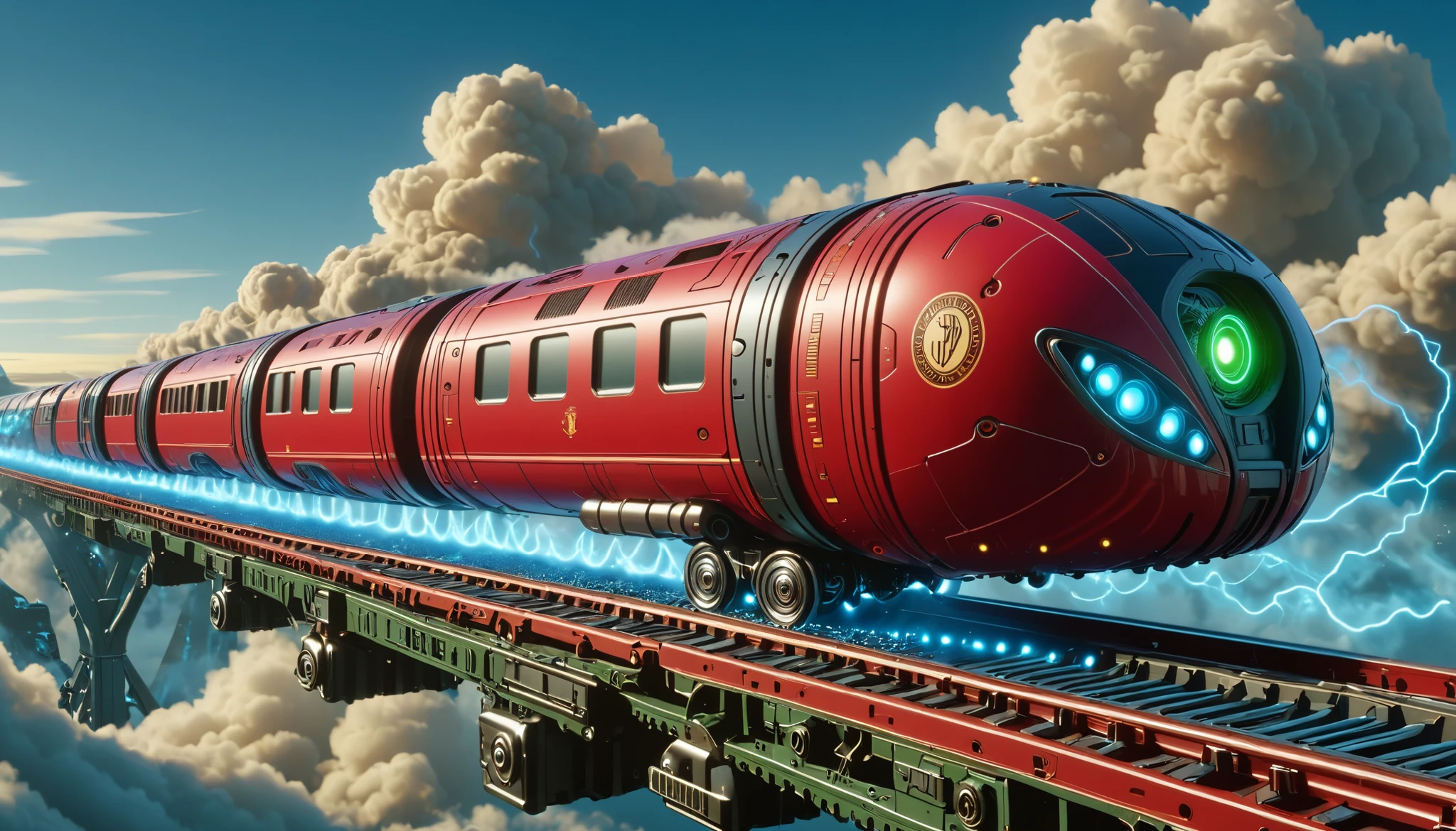 Create a 4K , Canon style DSLR ,  cinematic image of a futuristic magnetic levitation train ,  inspired by Harry Potter's Hogward Express. Color red and with the Hogwards coat of arms.