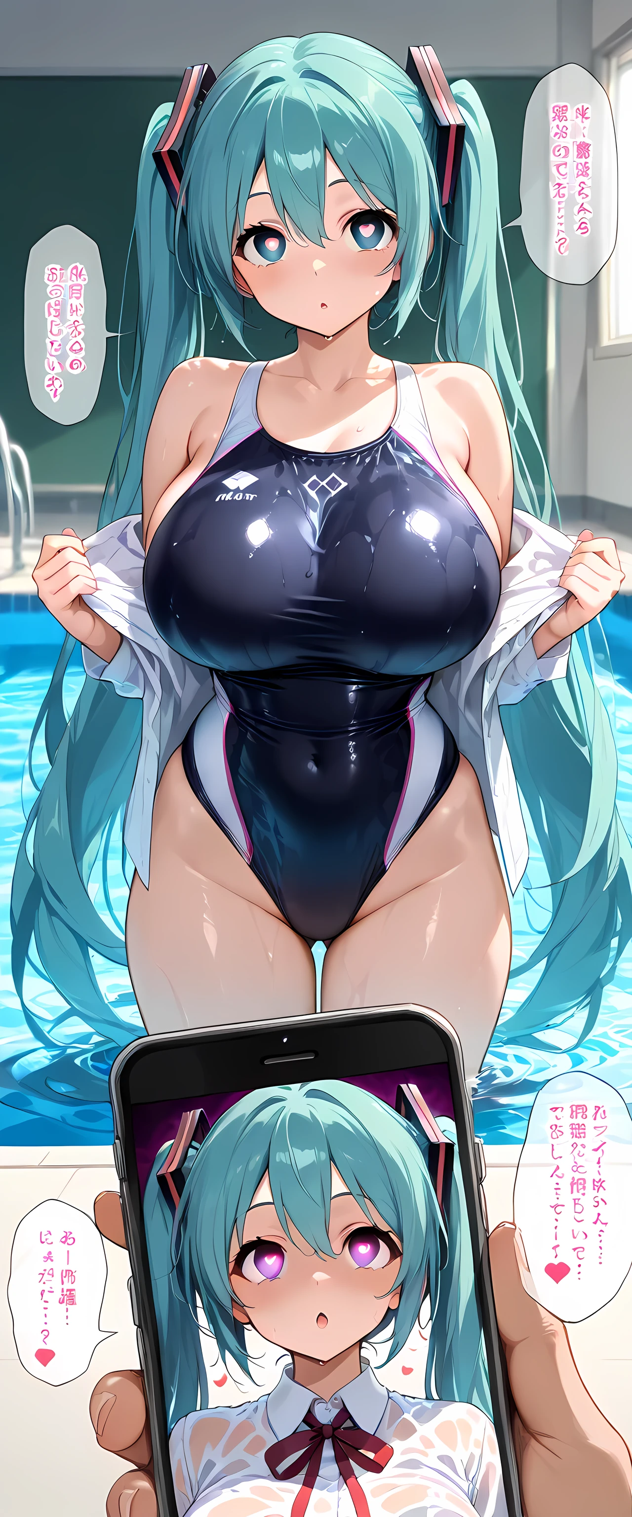 (masterpiece), best quality, expressive eyes, perfect face,1girl,(hatsune miku:0.5),huge breasts,mind control,hypnosis,hypnotized,empty eyes,heart-shaped pupils,sexually aroused,toragao,wet,competition swimsuit,looking at viewer,spoken heart,heart,eye symbol,phone,undressing,school uniform,red ribbon,school swimming pool