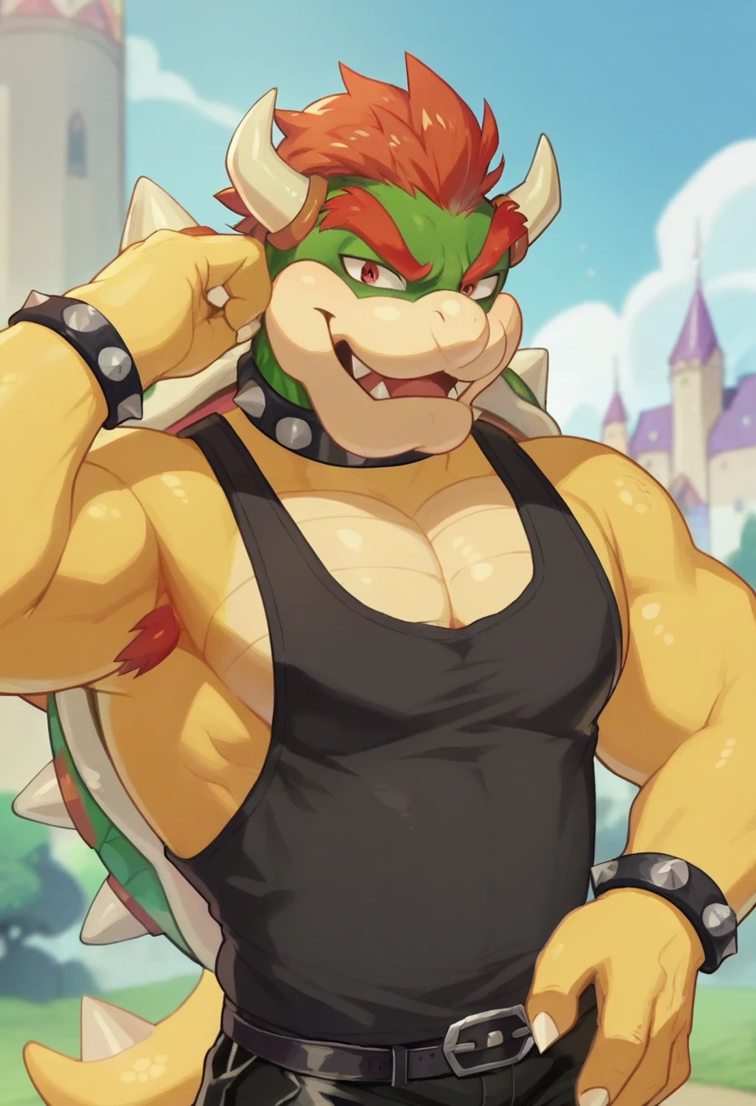 anime screencap,drgbls1, solo, Bowser, male,score_9, score_8_up, score_7_up, score_6_up.castle, half body,smile,black tanktop, with a fire emblem, black shorts 
