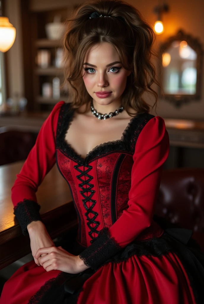 Slim tall athletic woman, age 25, 8k (High definition), looks like ElenaKoshkaQuiron, beautiful, blue big bug eyes, dressed as a prostitute in the old west, big 1800s style red and black dress, long sleeves, corset, 1800s style hairstyle, curky thick black hair, hair up, curvy, small perky breasts, old western saloon background