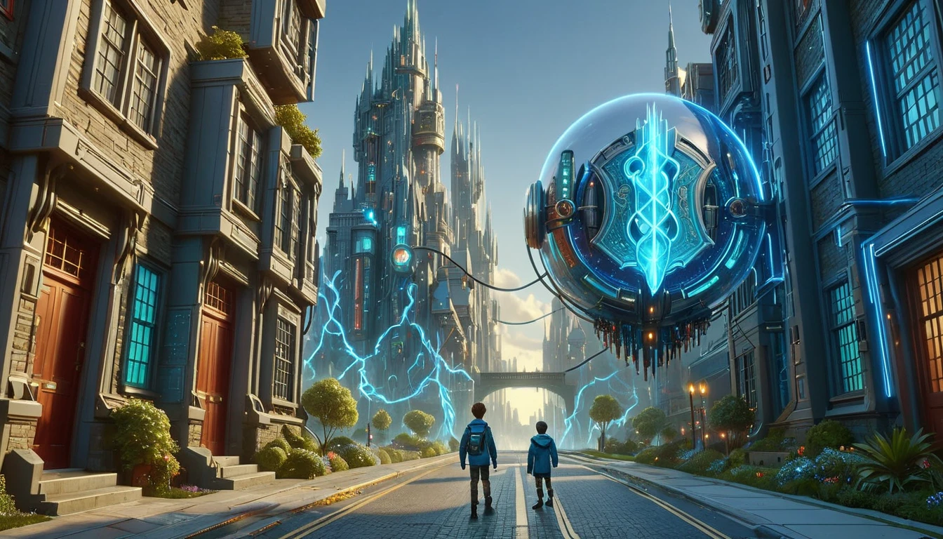  realistic futuristic suburban street, illuminated by soft daylight. The scene features ultra-modern smart homes with sleek, curved architecture and large glass panels that shimmer faintly with holographic displays. Levitating vehicles hover silently along a smooth metallic street, their designs aerodynamic and glowing with subtle neon accents.

In the foreground, a young boy stands prominently. He has messy black hair, circular glasses with sleek silver frames, and a glowing, blue lightning-shaped scar on his forehead. His expression is curious and determined. He is dressed in futuristic yet modest attire: a lightweight jacket with a Gryffindor crest subtly embedded as a holographic patch and a scarf with vibrant red and gold threads that shimmer in the sunlight.

Floating in front of him is a glowing holographic letter with an elegant, translucent envelope, displaying the Hogwarts crest in intricate detail. The background conveys a mix of serene suburban life and advanced magical technology, with robotic assistants tending to lush, vibrant gardens and drones delivering packages in the distance. The entire image should feel lifelike and cinematic, blending advanced technology with magical realism.