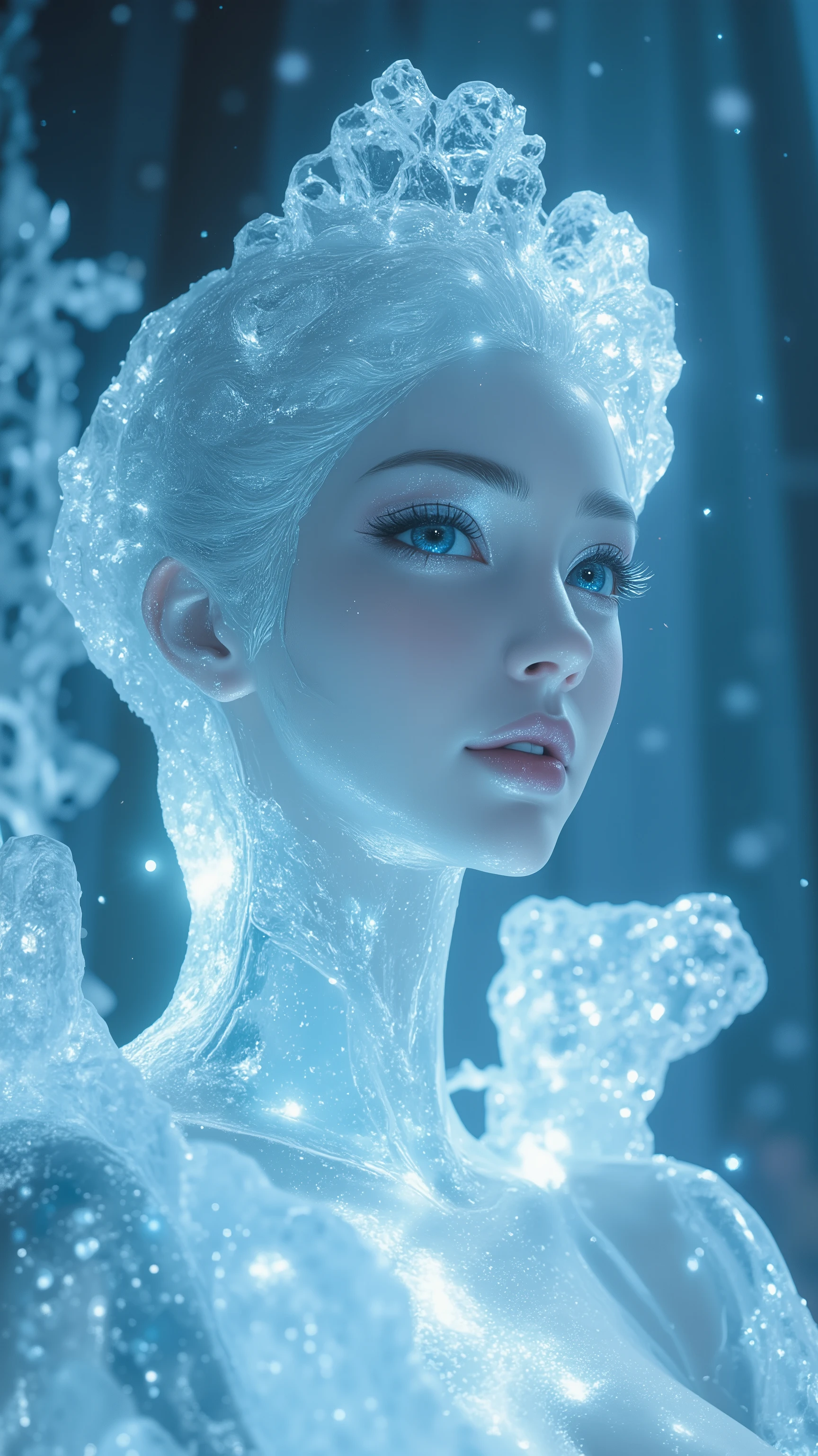 a close up of a statue of a woman in a white dress, female made of ice, ice sorceress, frozen like a statue, ice queen, emma watson as the queen of ice, statue made of glass, frozen ice statue, the ice queen, ice princess, transparent glass woman, queen of ice and storm, beautiful elsa, elsa frozen, goddess of winter, Color Field painting, cinematic lighting, UHD, accurate