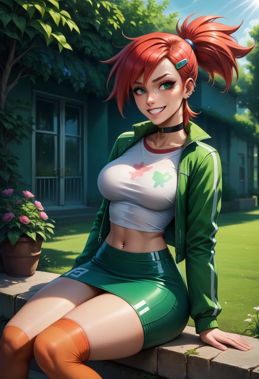 (masterpiece, best quality, 4k, aesthetic, detailed, intricate),outside,sunlight,sitting, sportkhth, thighhighs,1girl, frankiefoster,ponytail, choker, hairclip, hair ornament, shirt, green jacket, piercing, midriff, skirt,grin,thick thighs 