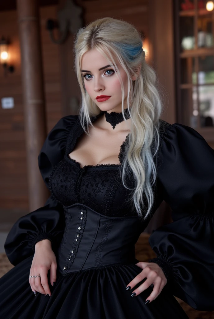 age 18, slim, e-girl, goth girl,( Masterpiece, 4k resolution, ultra-realistic, very detailed) long white hair with blue highlights, blue eyes, dressed as a prostitute in the old west, big 1800s style black dress, long sleeves, corset, 1800s style hairstyle, hair up, curvy, small perky breasts, old western saloon background, cute girl, slim bodytype, 