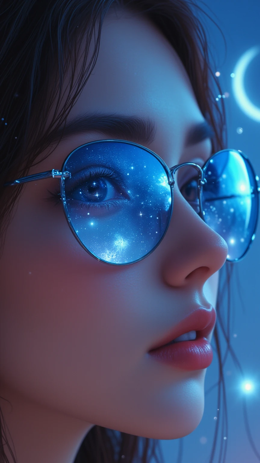  UHD, best quality, a close up of a woman wearing sunglasses with a sky and stars design, a photorealistic painting by Marie Bashkirtseff, tumblr, magical realism, cool glasses, refracted moon sparkles, stars as eyes, stars are hidden in the eyes, cool sunglasses, stars in her eyes, stars in her gazing eyes, amazing shades, blue sunglasses, cinematic lighting, Contemporary art