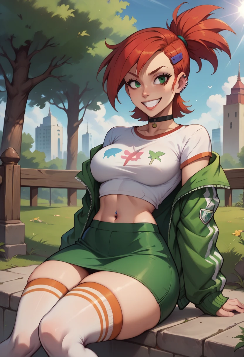 (masterpiece, best quality, 4k, aesthetic, detailed, intricate),outside,sunlight,sitting, sportkhth, thighhighs,1girl, frankiefoster,ponytail, choker, hairclip, hair ornament, shirt, green jacket, piercing, midriff, skirt,grin,thick thighs 