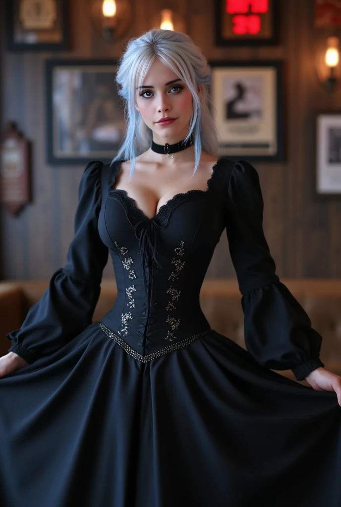 age 18, slim, e-girl, goth girl,( Masterpiece, 4k resolution, ultra-realistic, very detailed) long white hair with blue highlights, blue eyes, dressed as a prostitute in the old west, big 1800s style black dress, long sleeves, corset, 1800s style hairstyle, hair up, curvy, small perky breasts, old western saloon background, cute girl, slim bodytype, 