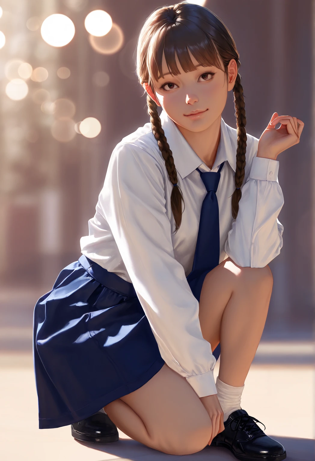 bokeh,1girl,cute face,blue necktie, collared shirt,white long sleeves, blue skirt, brown hair, twintails,braids, socks, shoes,sexy pose,pantie,Exquisite Face,rffc01, HDR 16K, (Realistic, hyperrealistic:1.4), good anatomy, volumetric light