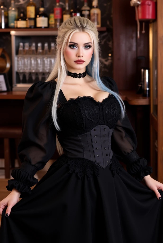 age 18, slim, e-girl, goth girl,( Masterpiece, 4k resolution, ultra-realistic, very detailed) long white hair with blue highlights, blue eyes, dressed as a prostitute in the old west, big 1800s style black dress, long sleeves, corset, 1800s style hairstyle, hair up, curvy, small perky breasts, old western saloon background, cute girl, slim bodytype, 