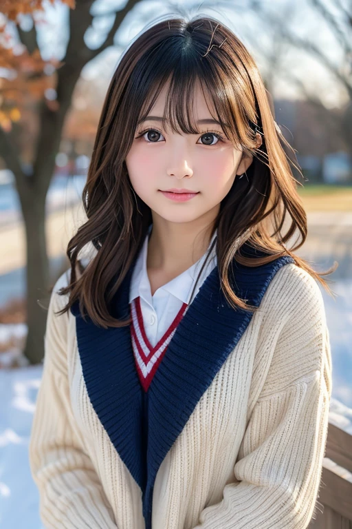 one girl, (a beauty girl, delicate girl:1.3), (18-year-old:1.3),
break, (winter , cute uniform:1.3),
break, (station platform:1.3), (that'It's snowing:1.3), (extend the sleeves of a cardigan), perfectly trimmed fingers,
break, very fine resolution, (symmetrical eyes:1.3),
break, small breasts, brown eyes, parted bangs, brown hair, girl,
break, (Eye and face details:1.0), (get closer to the face, enlarge the face, face focus:1.0),Upper grade、ハイアングル
break, (masterpiece, highest qualthaty, Super detailed, detailed face, 8K)