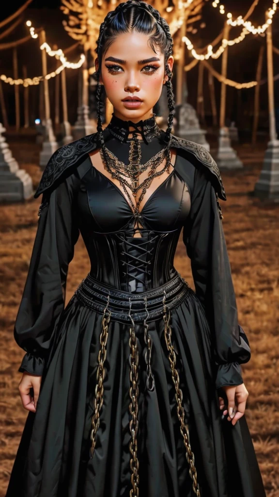 A Mongolian Latin American biracial woman with tall body and feminine curves. The woman has a long braided hairstyle with shaved sides on her head ((Undercut)). The woman is wearing a Gothic corset dress. The color of her clothing is black with yellow accents. Clothing has many patterns and chains. The woman dances frontally to the camera with fire. Your line of sight is into the camera. The background is a gothic cemetery at night. The woman has freckles on her face.