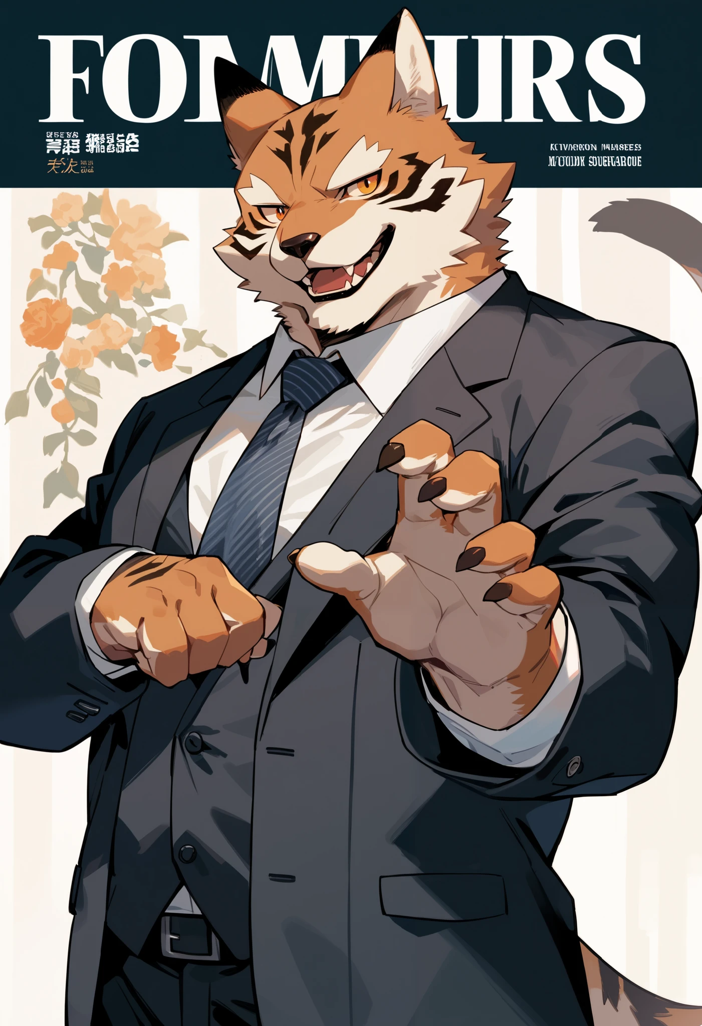 rating_safe, score_9, score_8_up, score_7_up, score_6_up, score_5_up, score_4_up, hires, Business magazine cover page, source_furry, source_anime, highres, absurdres, perfect anatomy, nice 1boys, kemono, suit, furry anthro, dignified pose, smile, portrait,