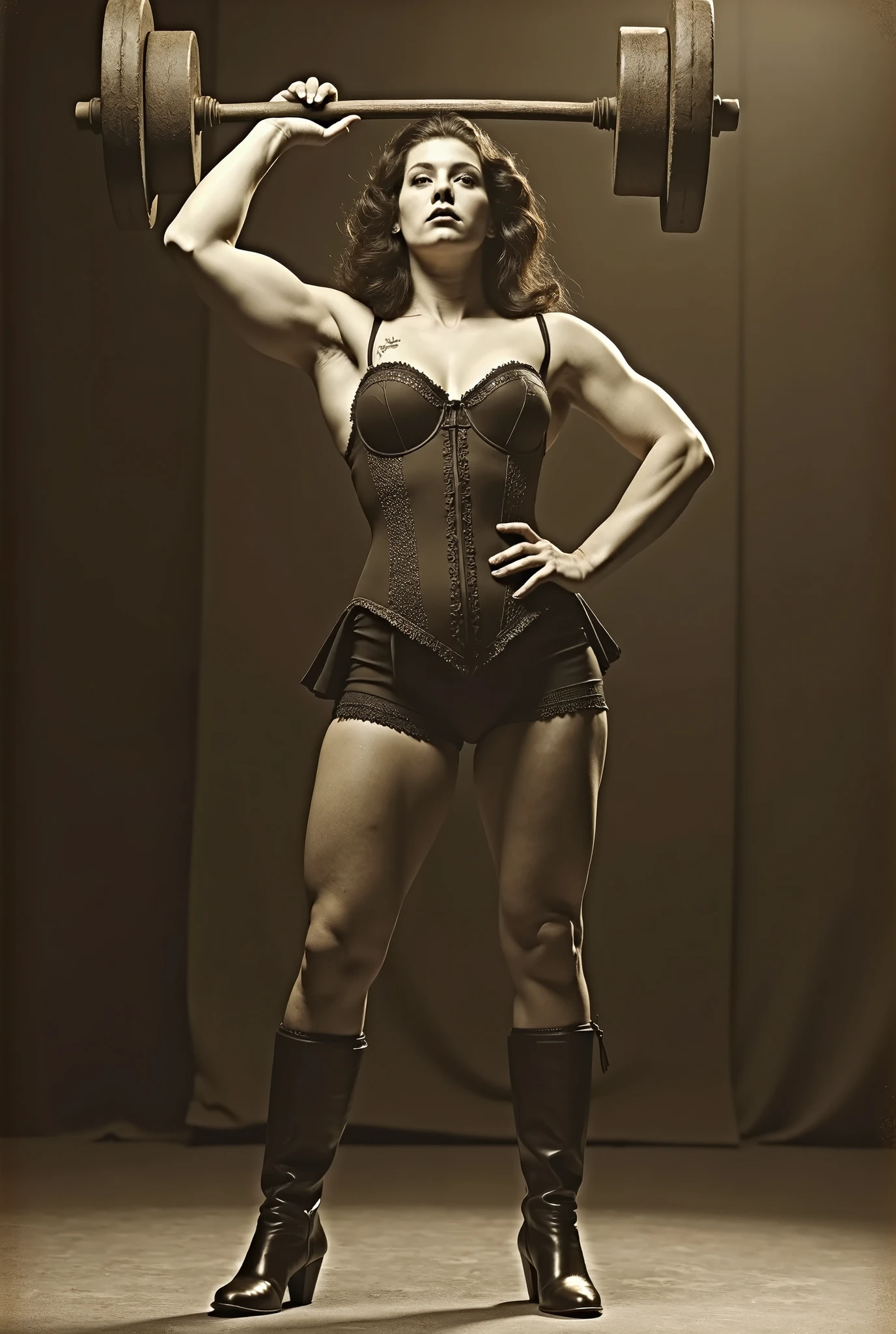 ((masterpiece, best quality)), (Skarlet from Mortal Kombat), ((in white bra and white fullback granny panties)), butt focused shot, large backside, wearing red lipstick, photo realistic, intricate details, 80's female wrestler, 80's film, 80's movie scene, 80's TV Style