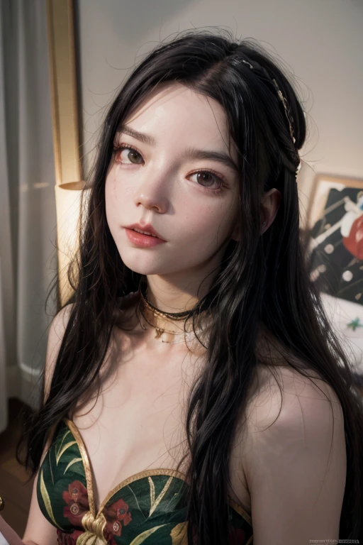 ((In the Chambord Castle:1.3)), ((In the bedroom, the castle's gorgeous rococo decorations shine.:1.3)), light makeup, red lips, beautiful hair, (Shiny Black hair), (Medium Hair:1.3), elegant, soft lighting, Very fine details, masterworks, authentic texture, perfect work, (1 girl), (One Woman), 16k, high resolution, exquisite features, brown eyes, (Ultra-high resolution eye:1.1), Japanese idol, beautiful face, ((artists work)), (gentle smile like a goddess), attractive, well-shaped breasts, beautiful cleavage, shiny skin, smooth skin, BREAK, (Dark-green Marie Antoinette Costume Dress:1.3), BREAK, earrings, necklace, BREAK, upper body, Standing position, ((Dress being taken off:1.4)), (Dress partially removed, straps detached:1.2), ((lying down on the bed:1.3), lovely smile), Low Angle Shot
