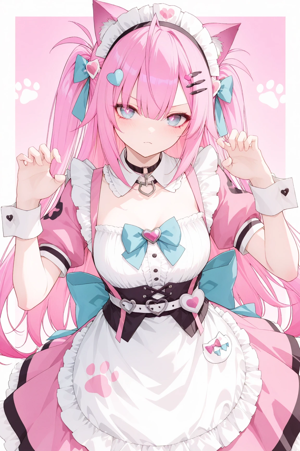 1girl,cute,sakuna,pink eyes,Beautiful Eyes,pink hair,long hair,two side up,hair ornament,animal ears,cat ears
,BREAK pink dress,apron,white apron,frills,hair bow,blue bow,maid apron,maid headdress,paw print pattern,choker,chest bow,pink bow,wrist cuffs,cat print,belt,back bow
,BREAK bandaid hair ornament,ghost hair ornament,heart hair ornament,wing hair ornament,x hair ornament
,BREAK dynamic pose
,BREAK masterpiece,best quality,amazing quality,very aesthetic,absurdres,by wanke,748cmstyle
,BREAK pink heart background