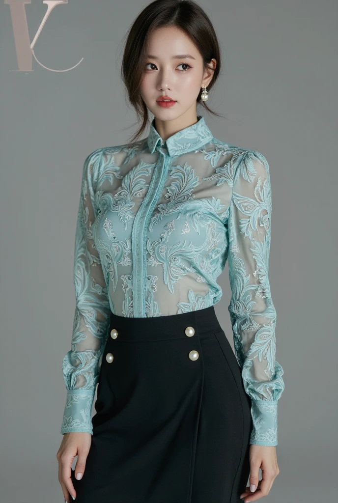 Magazine cover,Super slim + fine skin + Japanese beauty + 1 girl, upper body shot, slender physique, fair skin, shoulder-length brown hair, bold red lipstick, wearing pearl earrings, elegant teal paisley-patterned blouse, intricate lace detailing on neckline and cuffs, sheer long sleeves, high collar design, delicate embroidery, paired with high-waisted black skirt with pearl button accent, white wristwatch, refined posture, neutral gray background, soft lighting, sophisticated and stylish appearance.