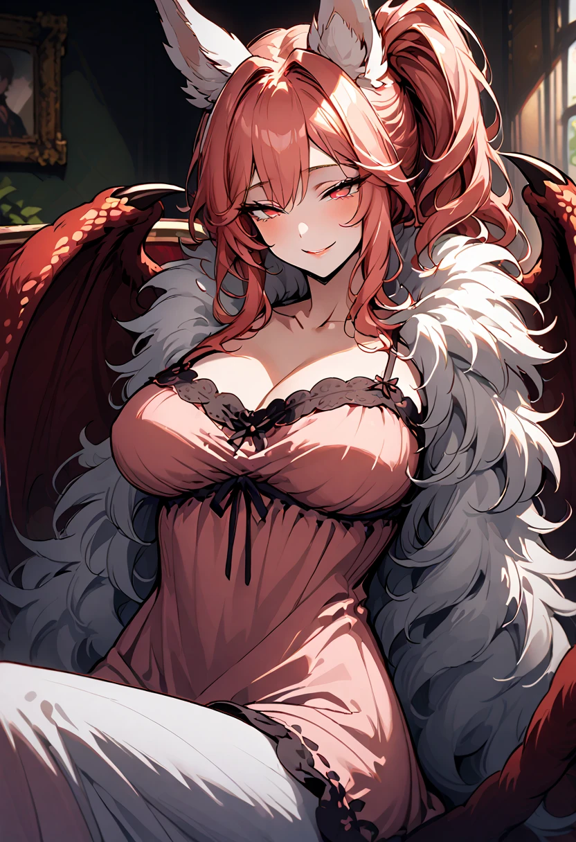 solo, close up, female, huge female, 7 foot tall, wide smile, friendly, half closed eyes, red eyes, light red hair, long wavy hair, side-ponytail, neat straight hair, ManticoreMGE, monster girl, prehensile tail, animal ears, broad shoulders, muscular, slightly bulky body, fur, wings, claws, very large breasts, gazing at viewer, close-up, indoors, loving gaze, slight blush, extremely tall:1.3, victorian, living room, nightie, sitting on couch, cuddling