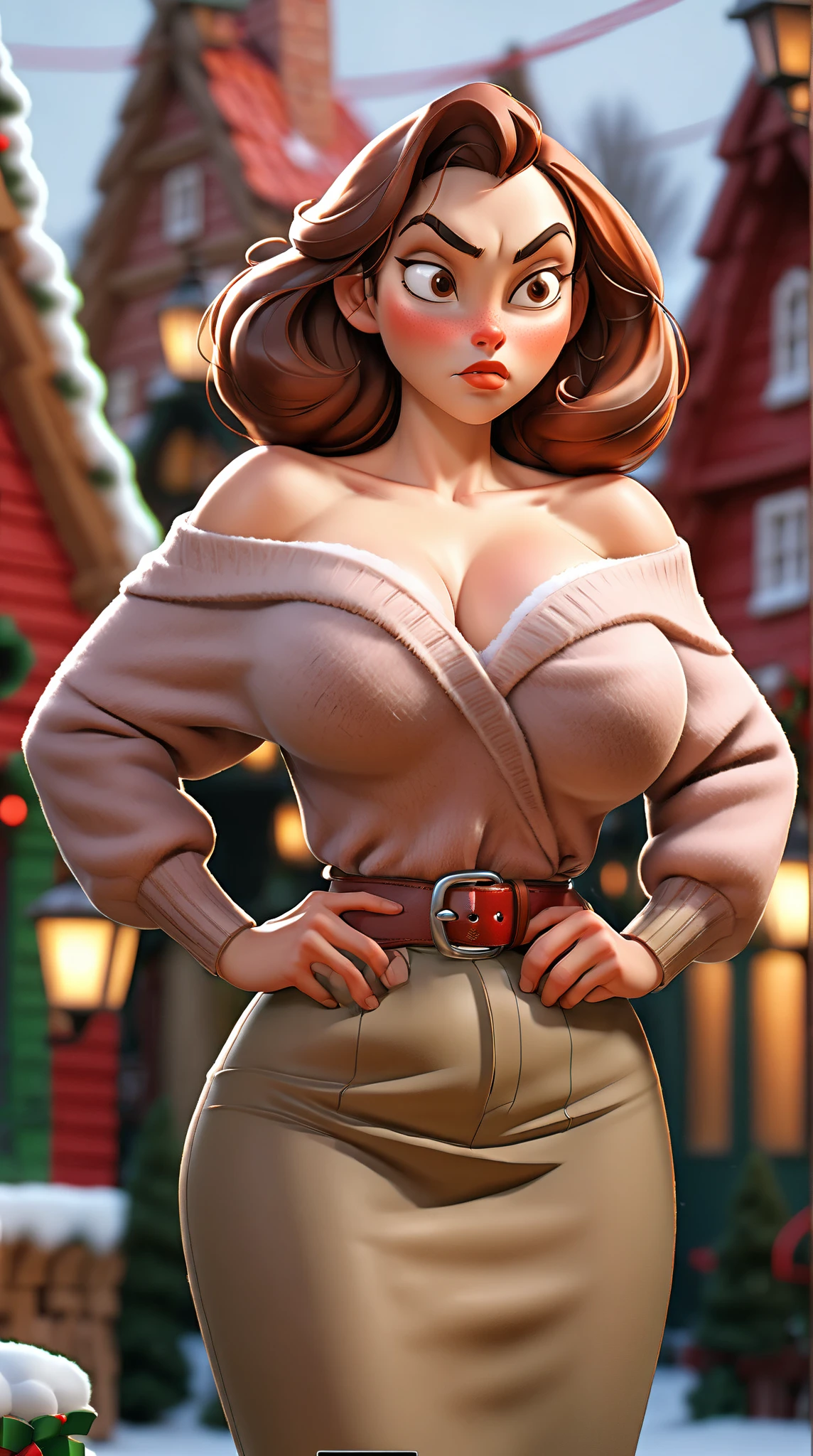 woman, ((Masterpiece, best quality)), full body view, sexy, bursting huge breasts, detailed skin, ((Anne Hathaway:Kiara Advani:0.7))) , highly detailed, cinematic lighting, ultra realistic, blush, looking at viewer, brown hair, long hair, portrait, outdoor, snow,  cleavage,  large breasts :1.6,  wide hips, full body view, tall, bra, red bra, 
skirt, miniskirt, microskirt, pleated skirt, thighs,